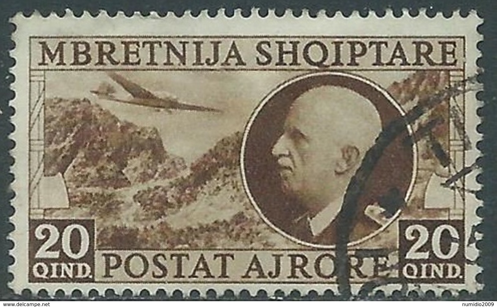 1939 ALBANIA POSTA AEREA USATO EFFIGIE 20 Q - UR31-6 - Albania