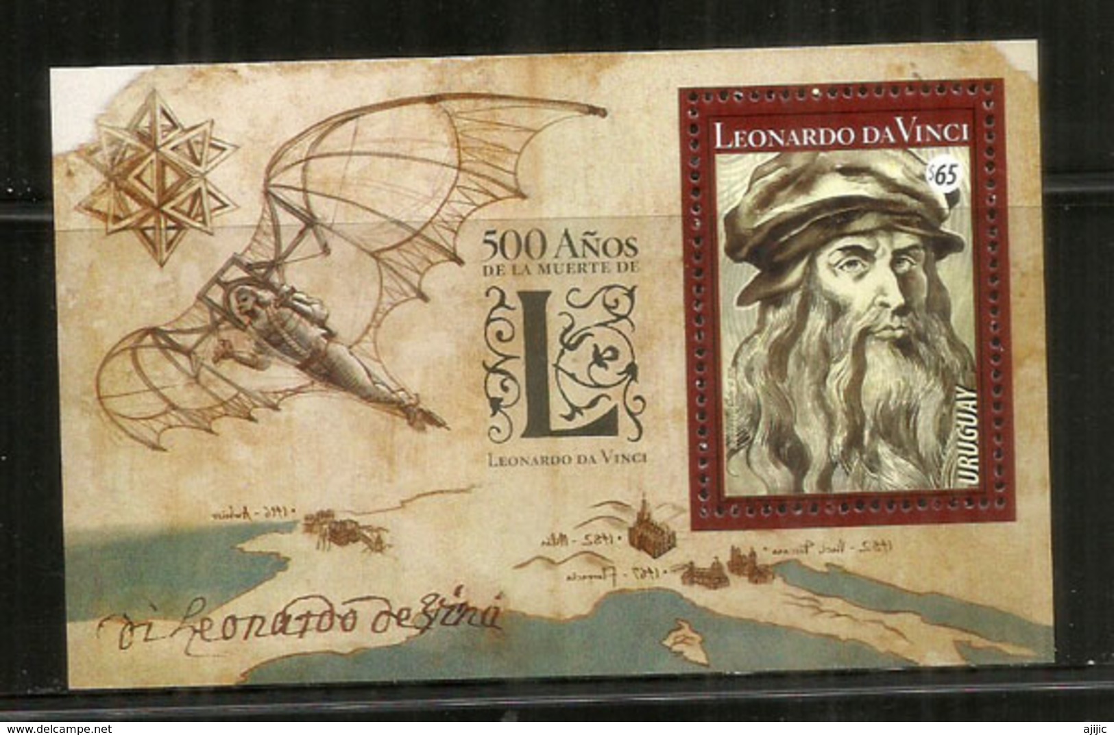 Leonardo Da Vinci, 500 Ans ,  Un Bloc-feuillet Neuf ** D'Uruguay , Année 2019 - Autres & Non Classés