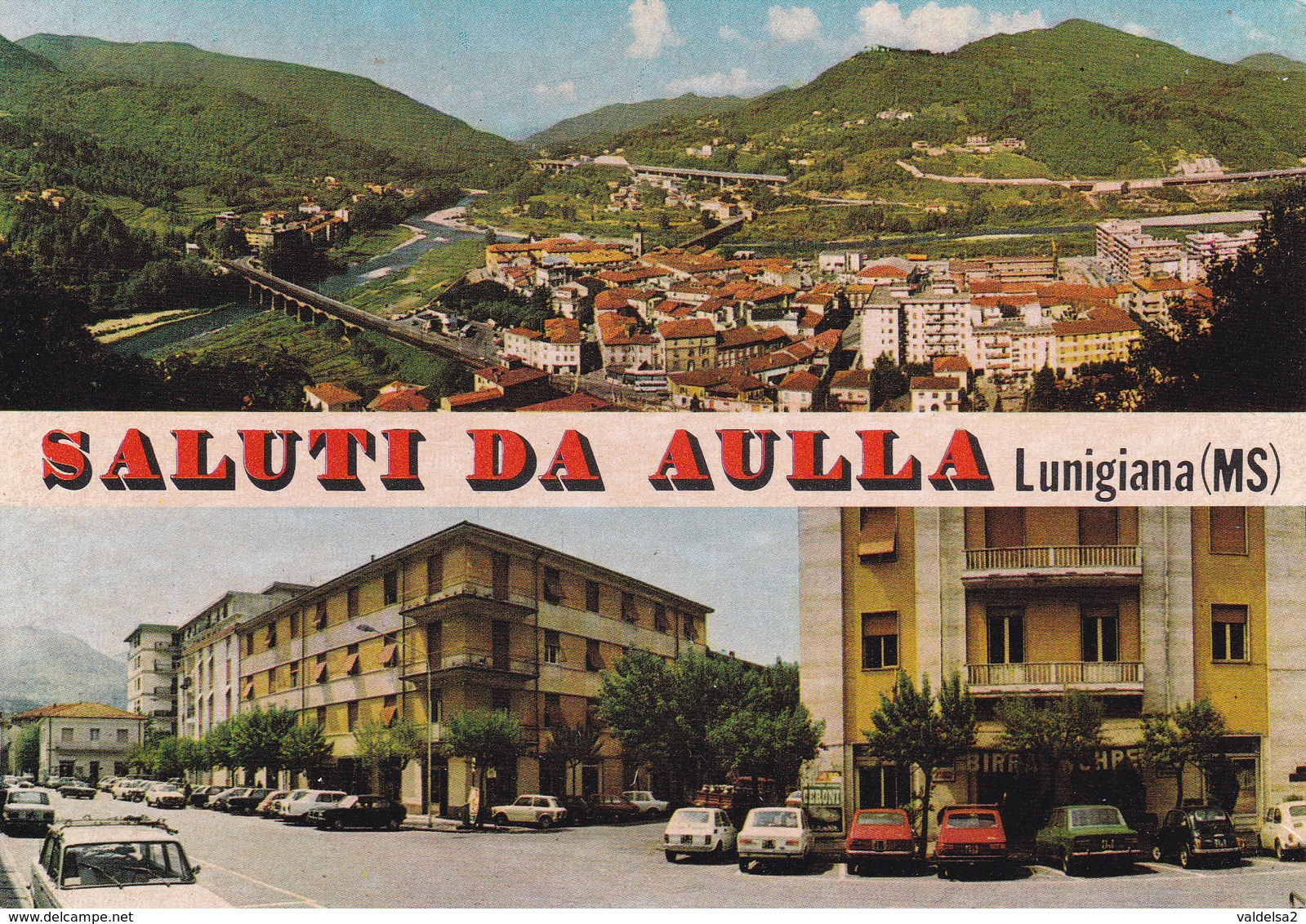 SALUTI DA AULLA - MASSA - LUNIGIANA - 2 VEDUTE - INSEGNA PUBBLICITARIA BIRRA WUHRER - AUTO - Massa