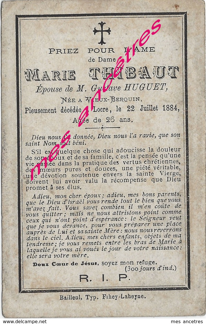 En 1884 à Locre Et Vieux Berquin (59) Marie THIBAUT Ep Gustave HUGUET - Esquela
