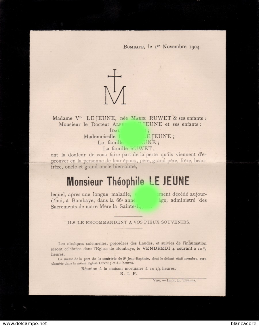 BOMBAYE 1904 Décès De Mr THEOPHILE LEJEUNE RUWET / RARE - Décès