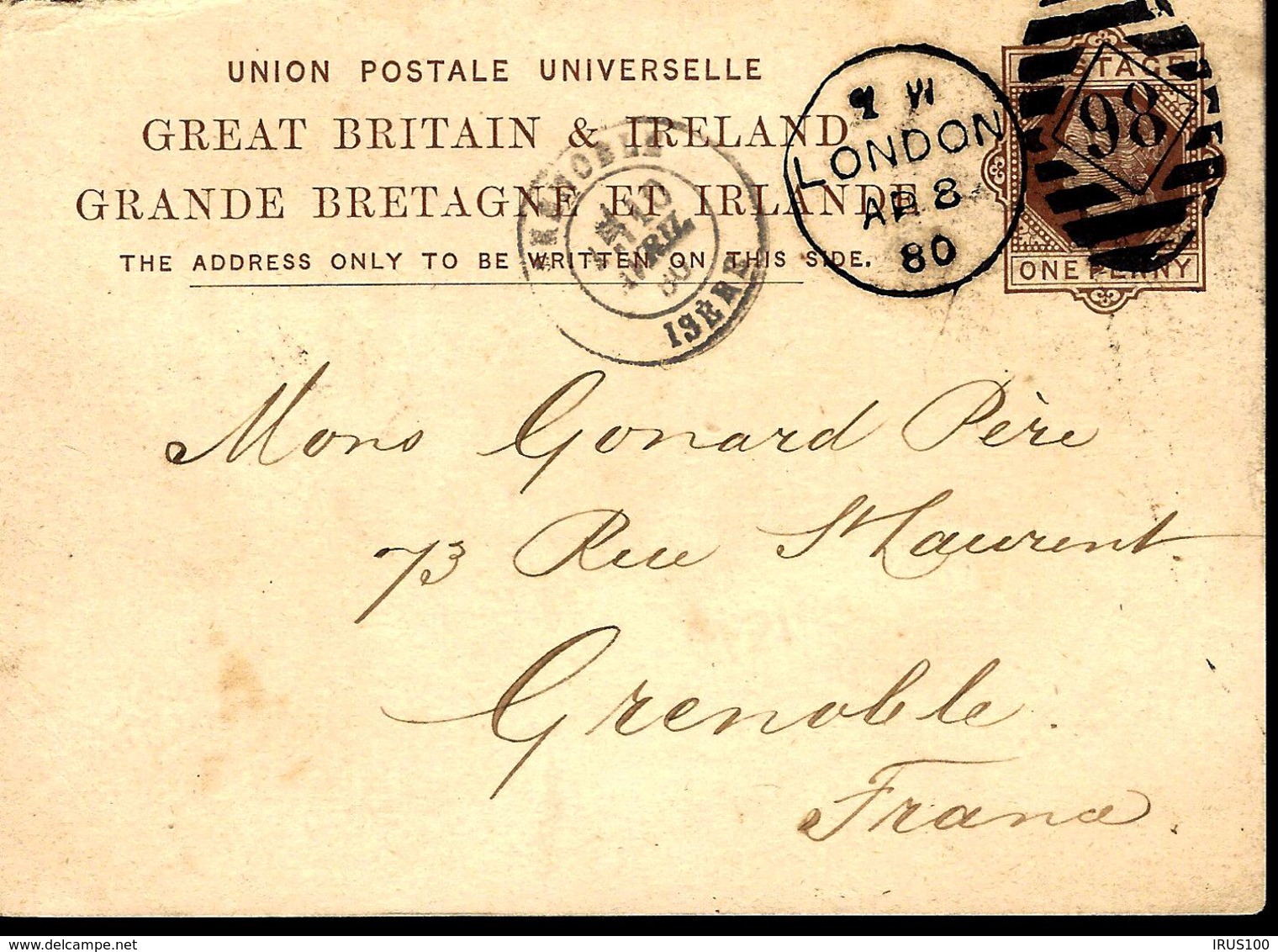 ENTIER POSTAL DE LONDRE POUR GRENOBLE - 1880 - POSTAL STATIONERY - GANZ SACHE - - Storia Postale