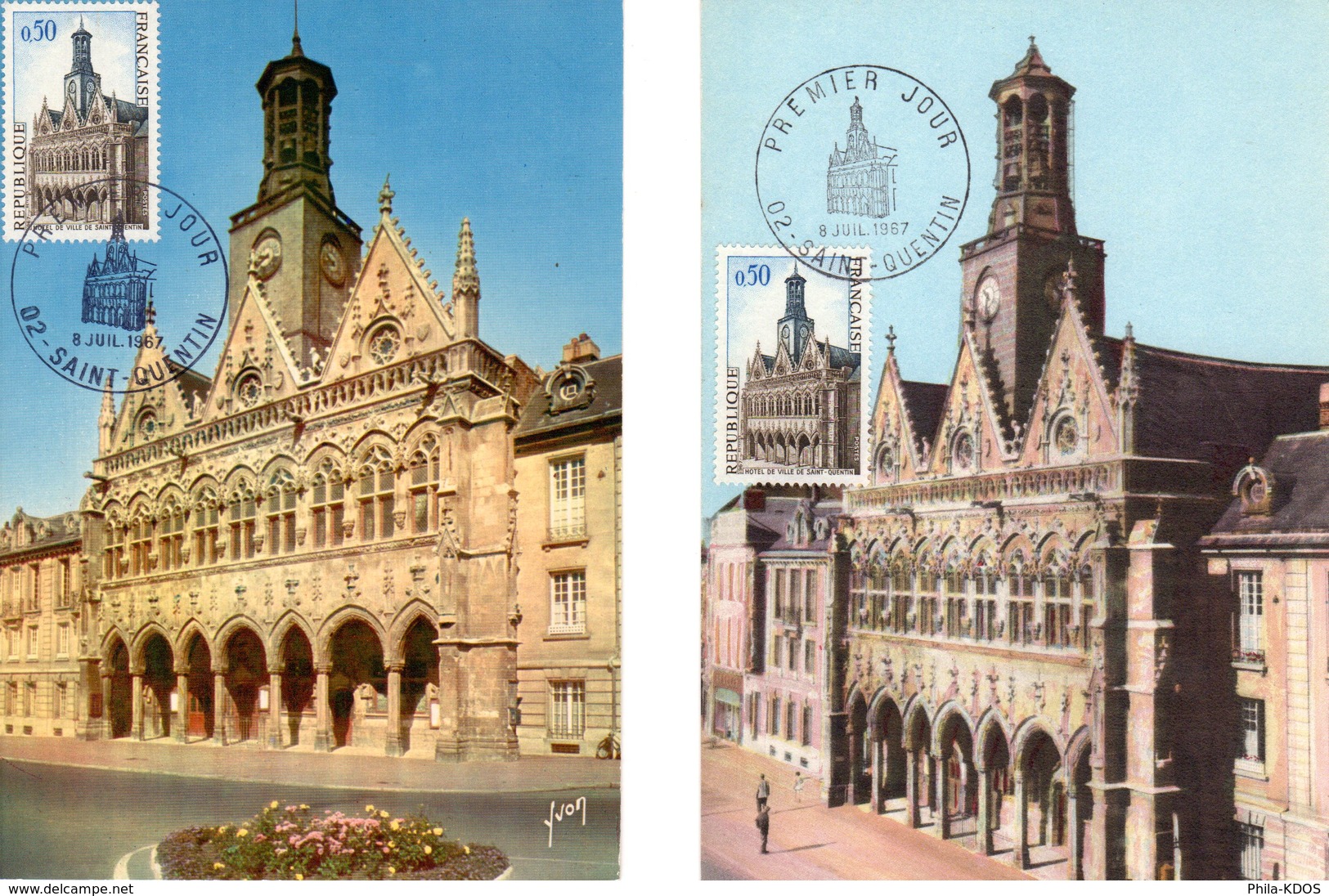 Lot " HOTEL DE VILLE DE ST-QUENTIN " Sur 2 Cartes Maximum De 1967. Diverses éditions. N° YT 1499. TB état CM - Verzamelingen & Reeksen