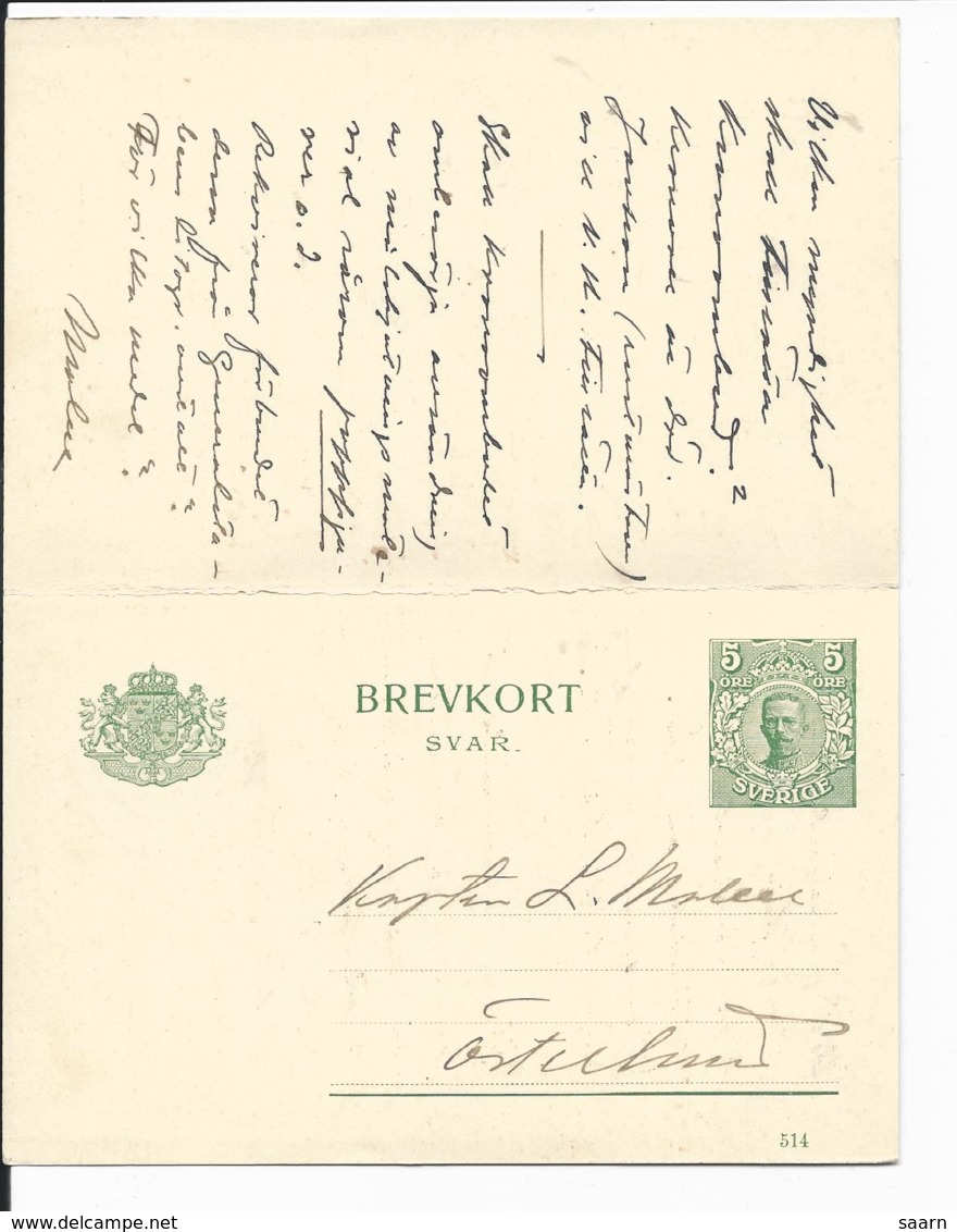 Schweden P 35  - 5 Öre Gustav  Doppelkarte DD 514  Ab Östersund Bedarfsverwendet - Postal Stationery