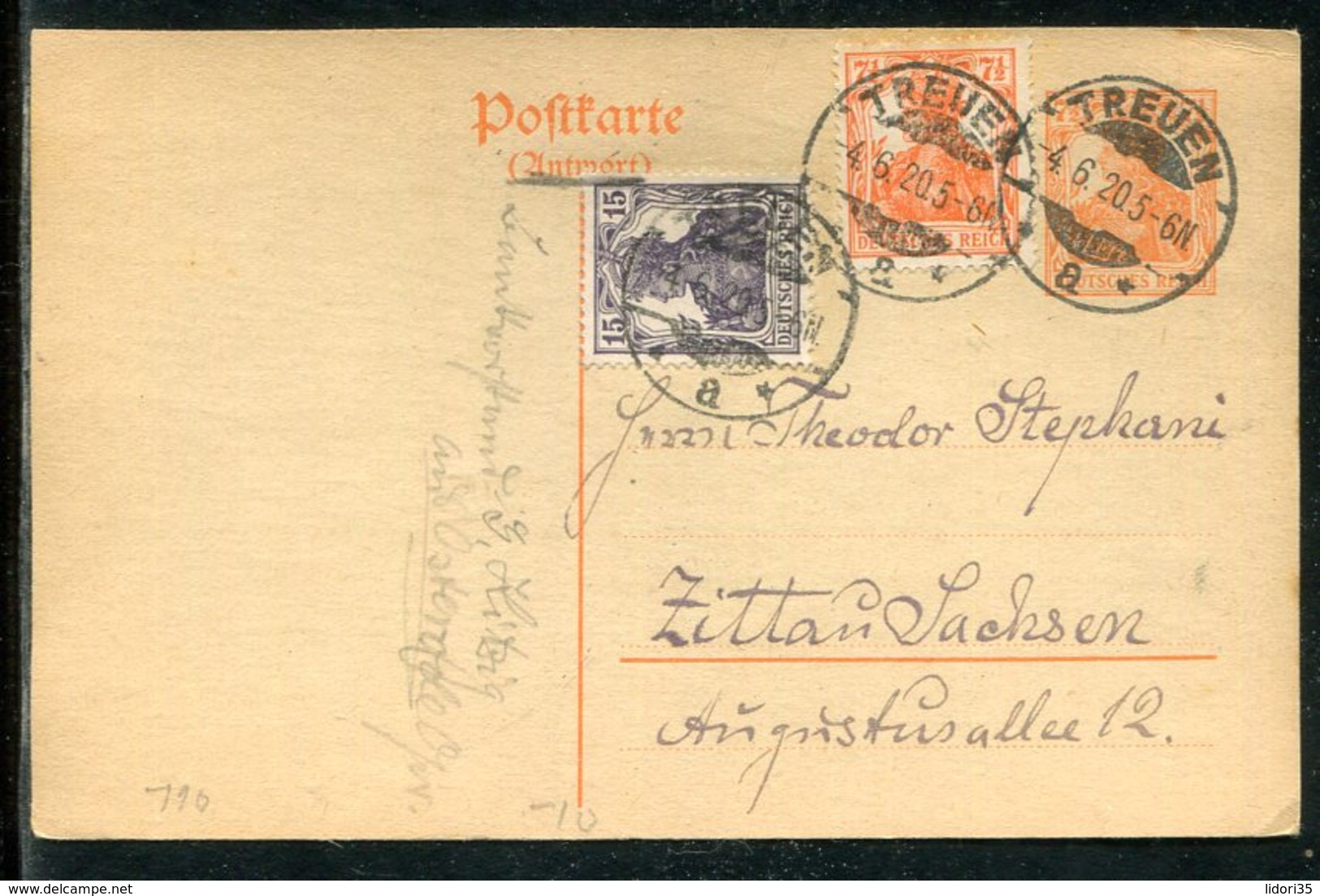 Deutsches Reich / 1920 / Postkarte "Germania" Mit Zusatzfrank. Steg-Stempel Treuen (23633) - Sonstige & Ohne Zuordnung