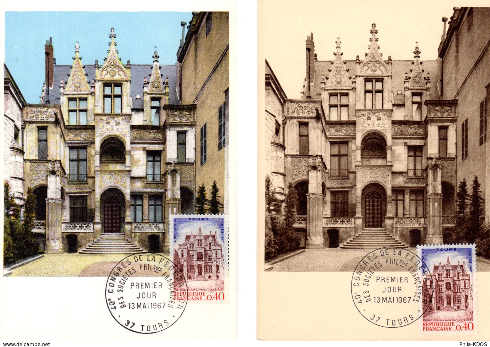 Lot " HOTEL GOUIN A TOURS " Sur 2 Cartes Maximum De 1967. Diverses éditions. N° YT 1525. TB état CM - Lots & Serien