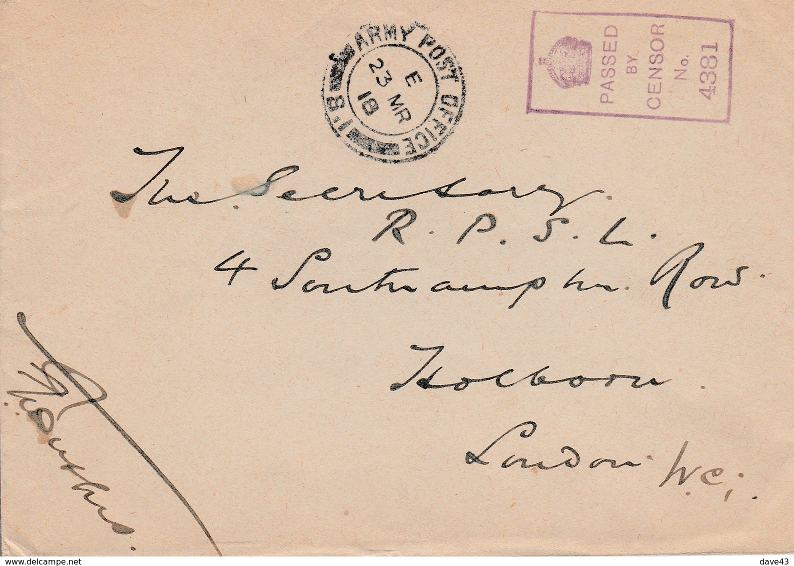 1918  Censor Cover To Royal Philatelic Society Army Post Office S1 Cds Who Was It? - Postmark Collection