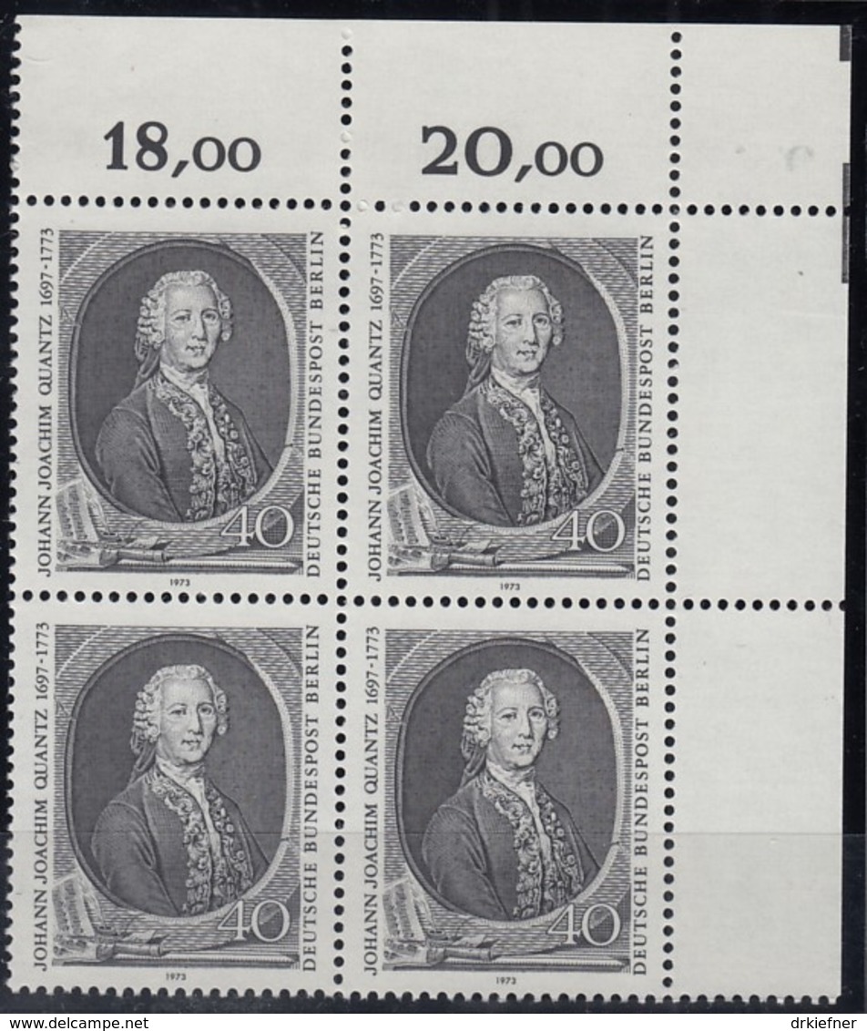 BERLIN  454, 4erBlock Eckrand Rechts Oben, Postfrisch **, Johann Joachim Quantz 1973 - Unused Stamps