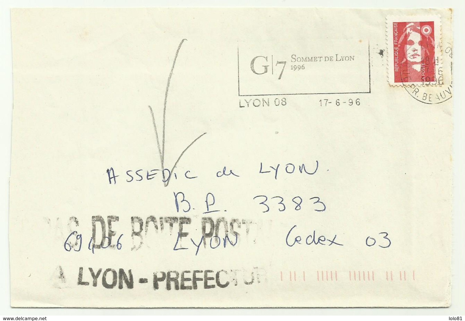 Lettre Lyon PAS DE BOITE POSTALE 1996 - 1961-....