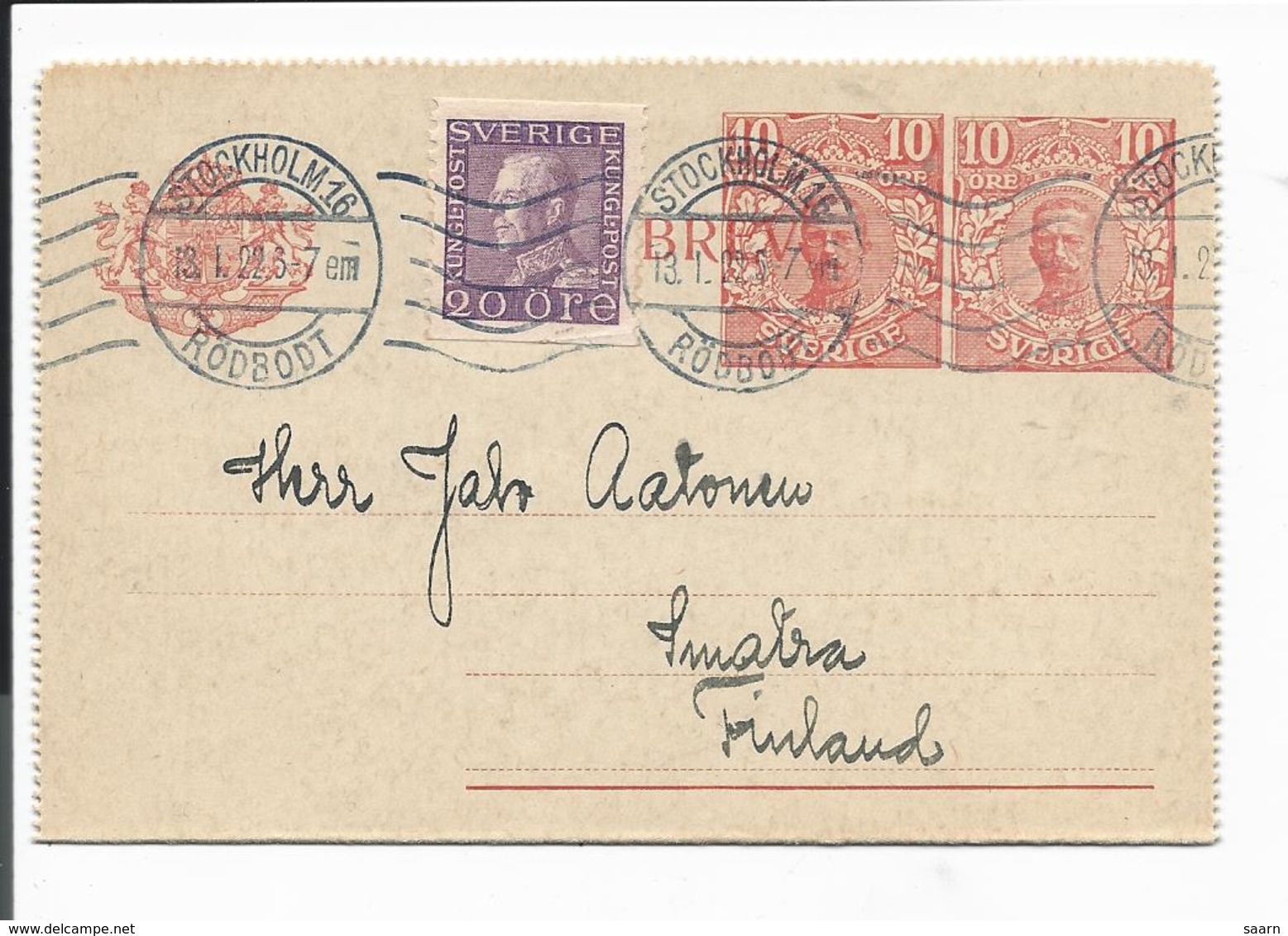 Schweden K 21 -  2x10 Öre Gustav Kartenbrief O. Rand  M. 20 Öre ZF V. Stockholm Rödbodt Nach Finnland Bedarfsverwendet - Postal Stationery