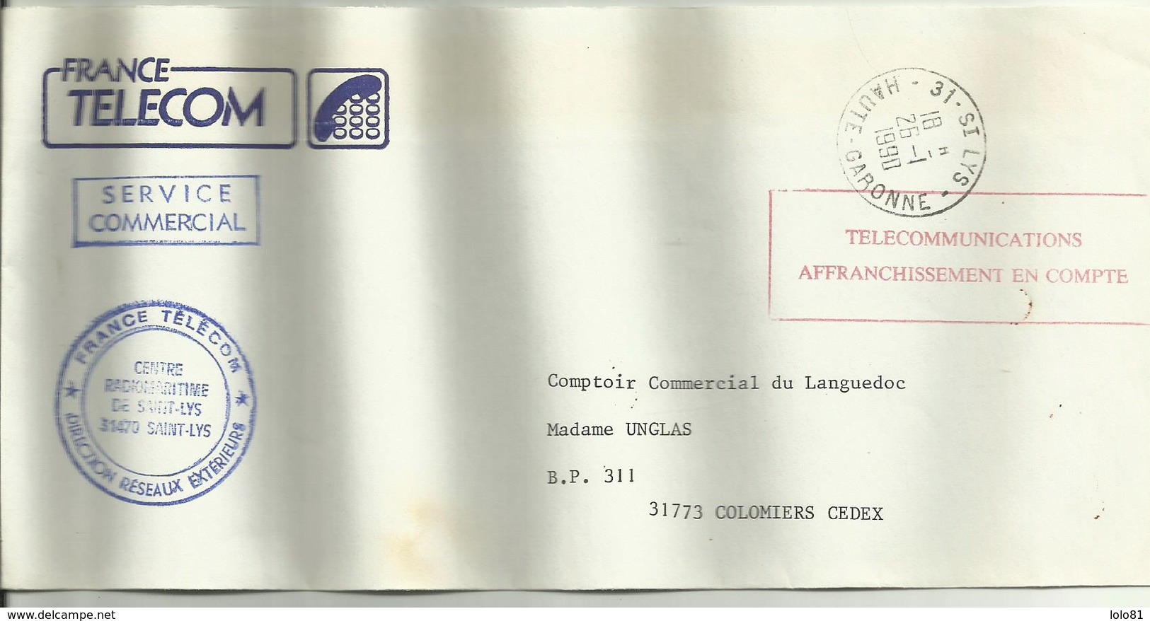 Lettre Saint Lys TELECOMMUNICATIONS AFFRANCHISSEMENT EN COMPTE 1990 - 1961-....