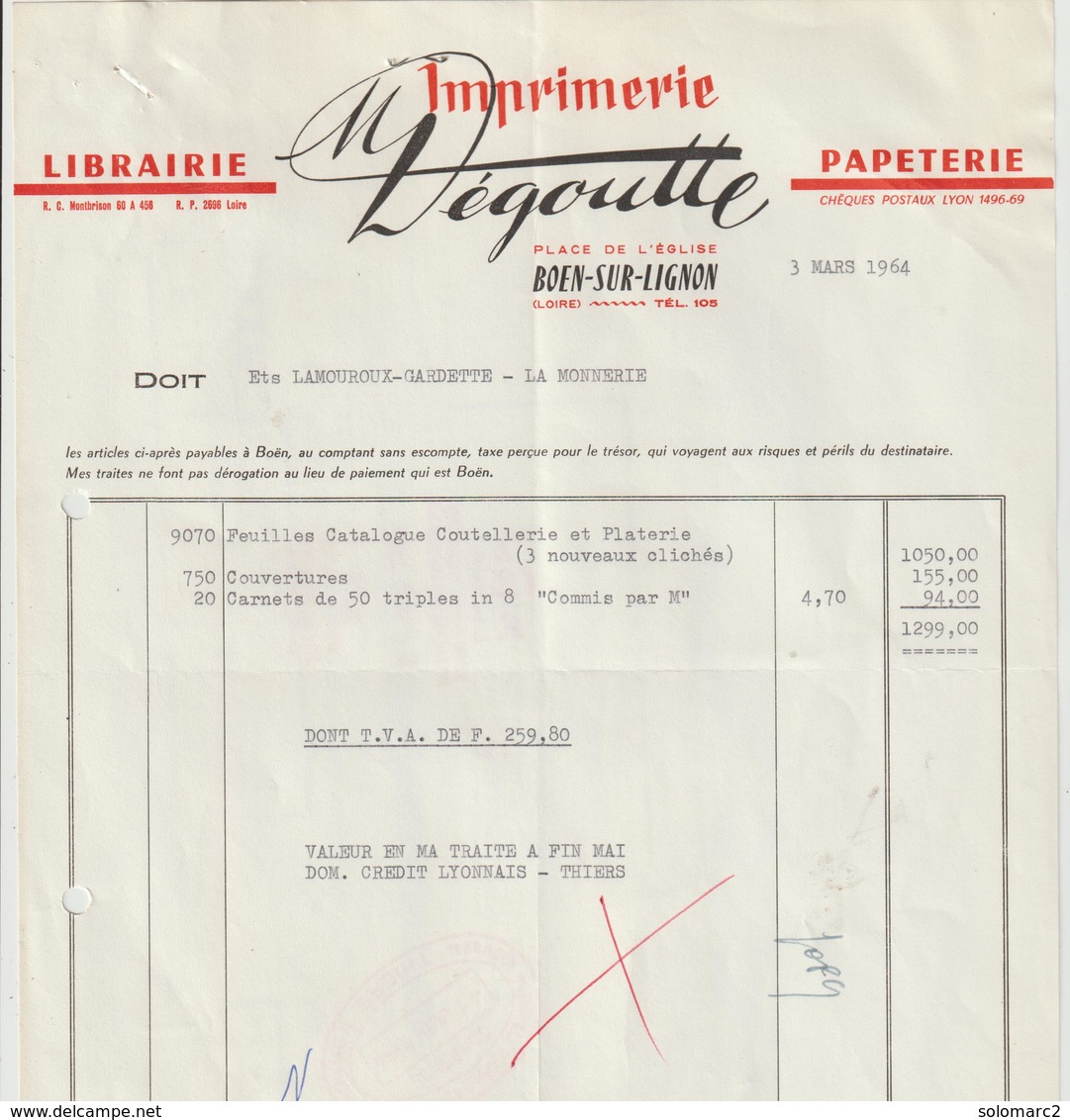 Facture De M  DEGOUTTE IMPRIMERIE_Librairie-Papeterie A BOEN 42 Adressé A Ets LAMOUROUX-GARDETTE A La Monnerie 63 - Imprimerie & Papeterie