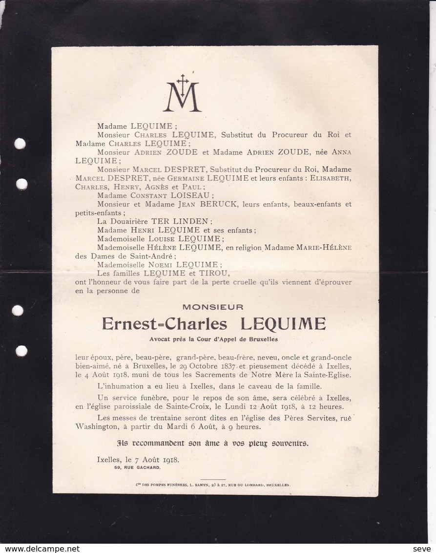 BRUXELLES IXELLES Ernest-Charles  LEQUIME 1837-1918 Familles ZOUDE LOISEAU TIROU Faire-part Mortuaire Généalogie - Décès