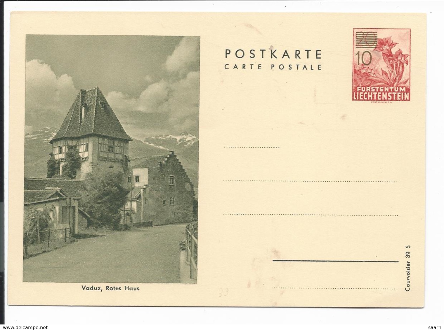 Liechtenstein P 33-01 **  -  10 A. 20 Rp Enzian BiPo Vaduz, Rotes Haus DD : Courvoisier39 S - Stamped Stationery