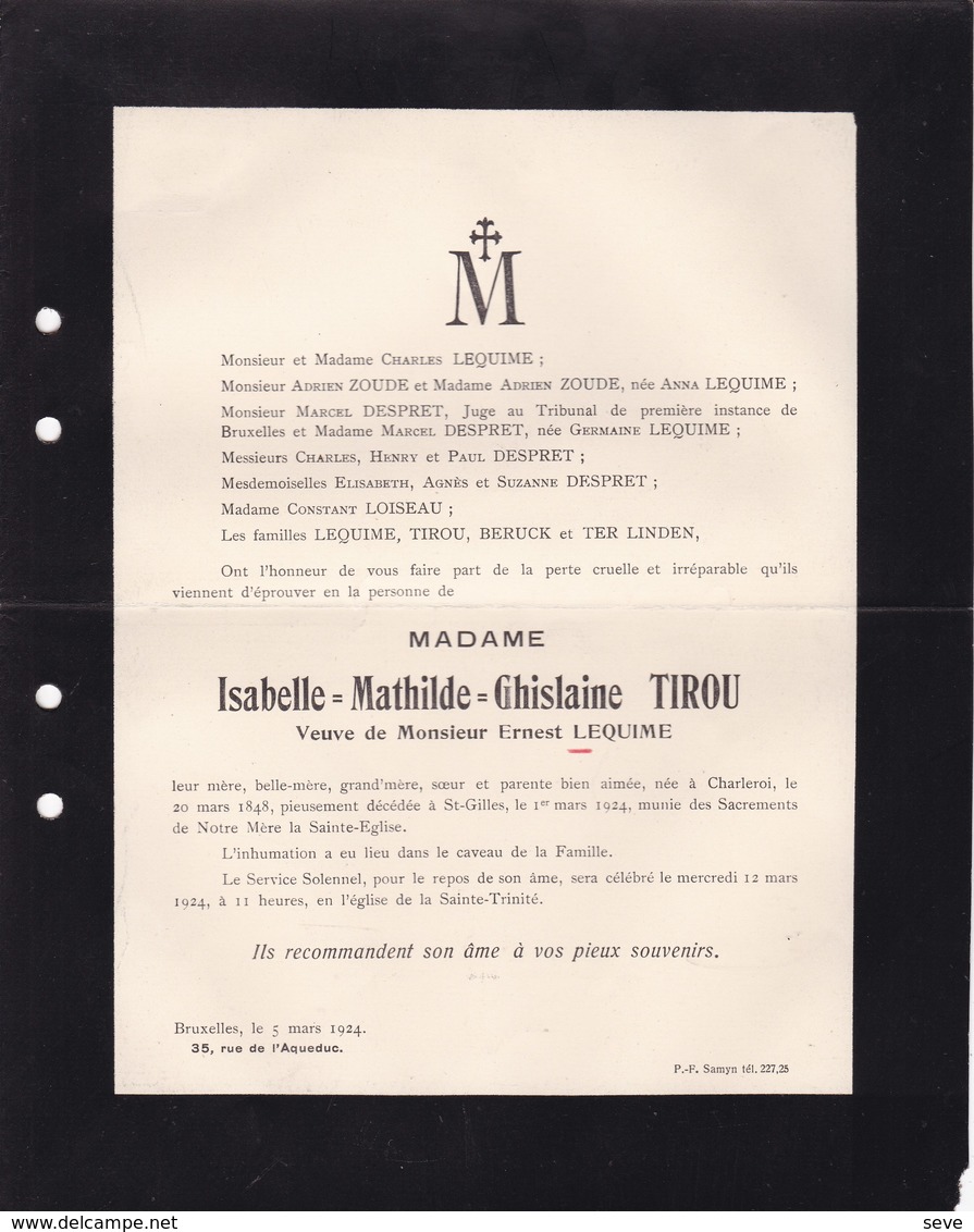 Charleroi Saint-Gilles Isabelle TIROU 1848-1924 Veuve Ernest LEQUIME Familles ZOUDE DESPRET Faire-part Mortuaire - Décès