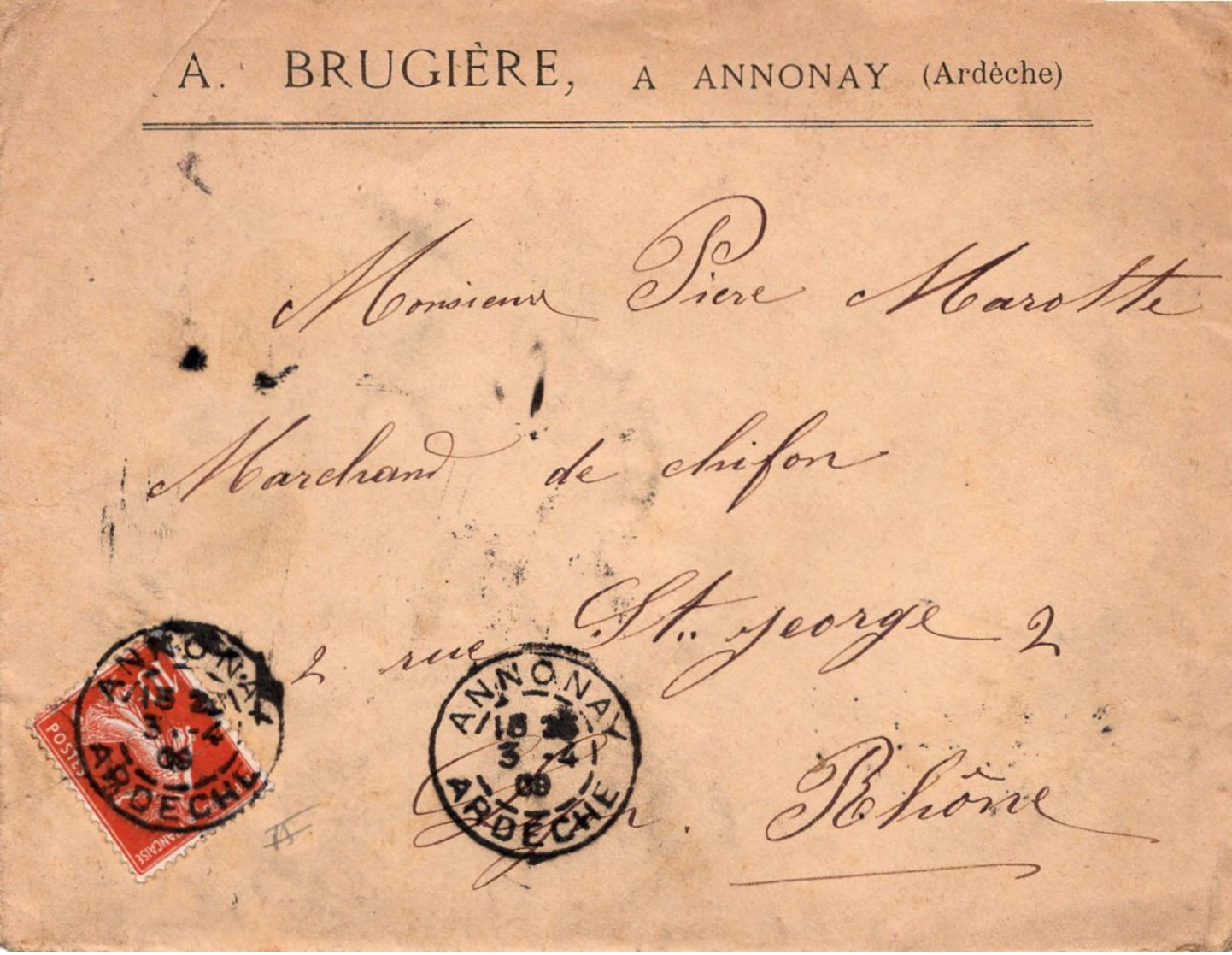 LSC 1909 - Entête  A. BRUGIERE, à ANNONAY  (Ardèche) - 1877-1920: Periodo Semi Moderno