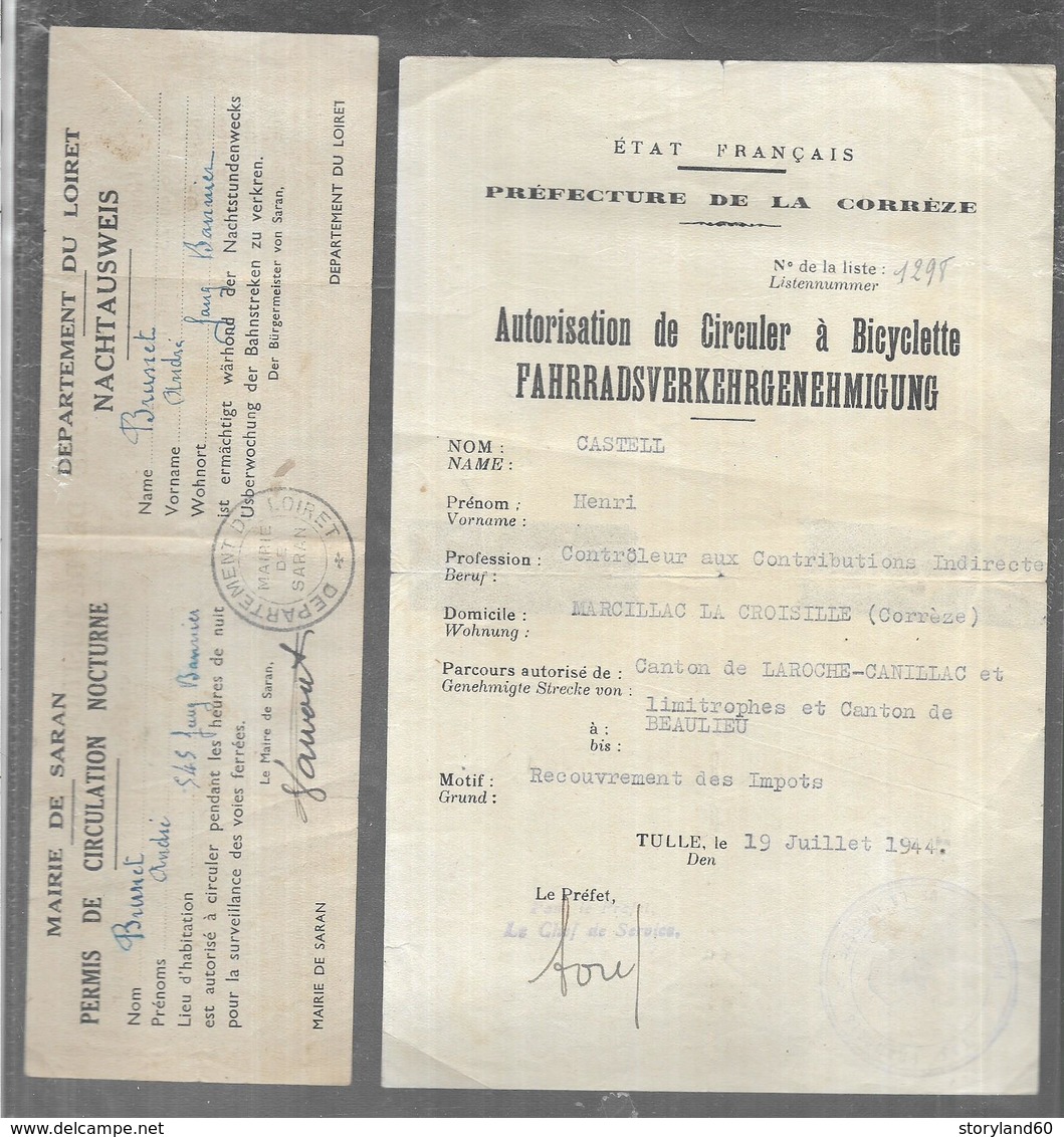 Loiret , Mairie De Saran Permis De Circulation Nocturne , Nachtausweiss Ordre De Réquisition 1943 - Documents Historiques