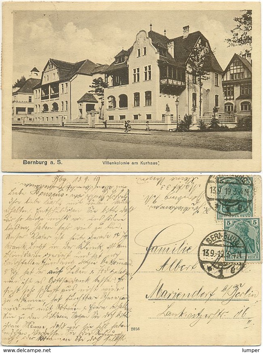 AK Bernburg 1919, Villenkolonie Am Kurhaus, Nach Mariendorf Bei Berlin Gelaufen - Bernburg (Saale)