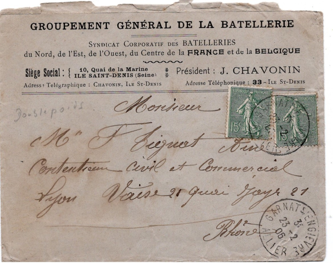 LSC 1906 - Entête -Groupement Général De La BATTELLERIE - Cachet GARNAT Sur ENGIEVRE (Allier) Sur YT 130 (x2) - 1877-1920: Periodo Semi Moderno
