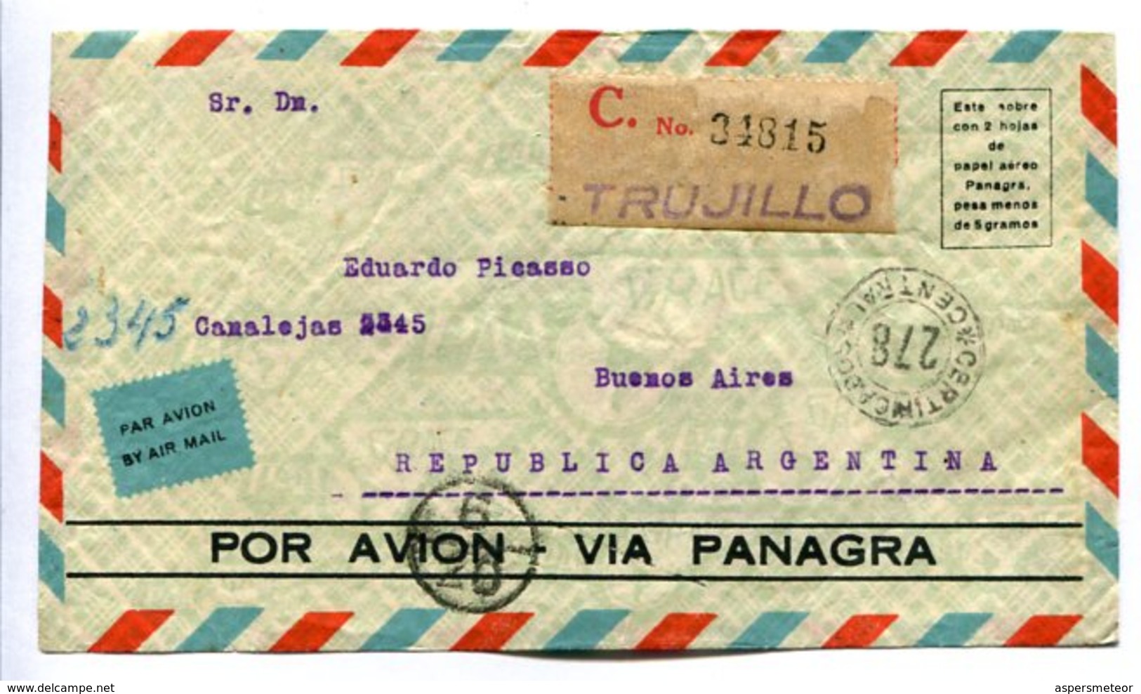 ENVELOPE CIRCULATED FROM TRUJILLO, PERU TO BUENOS AIRES ARGENTINA, 1937. POR AVION VIA PANAGRA, CERTIFICADO -LILHU - Peru