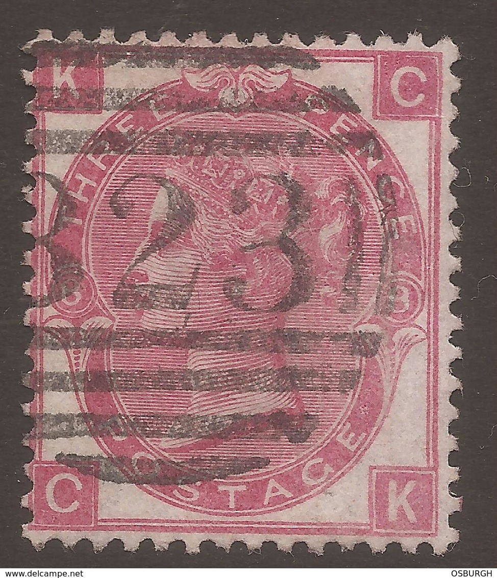 GREAT BRITAIN. QV. 3d ROSE PLATE 8. LETTERS KC. POSTMARK HAILSHAM 823. USED. - Used Stamps