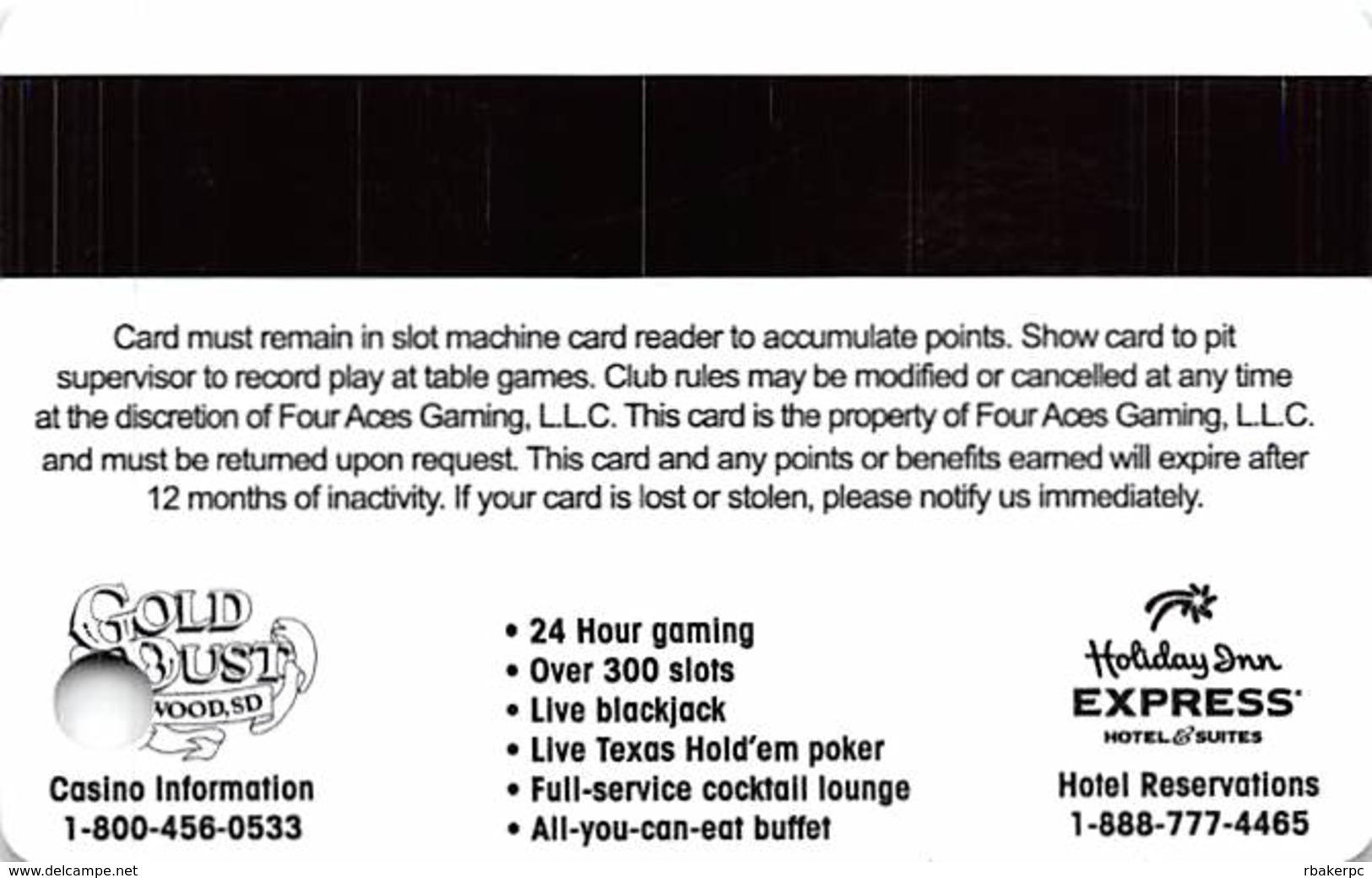 Gold Dust Casino Deadwood, SD - Slot Card - Mentions Expires After 12 Months Of Inactivity - No Mfg Mark - Casino Cards