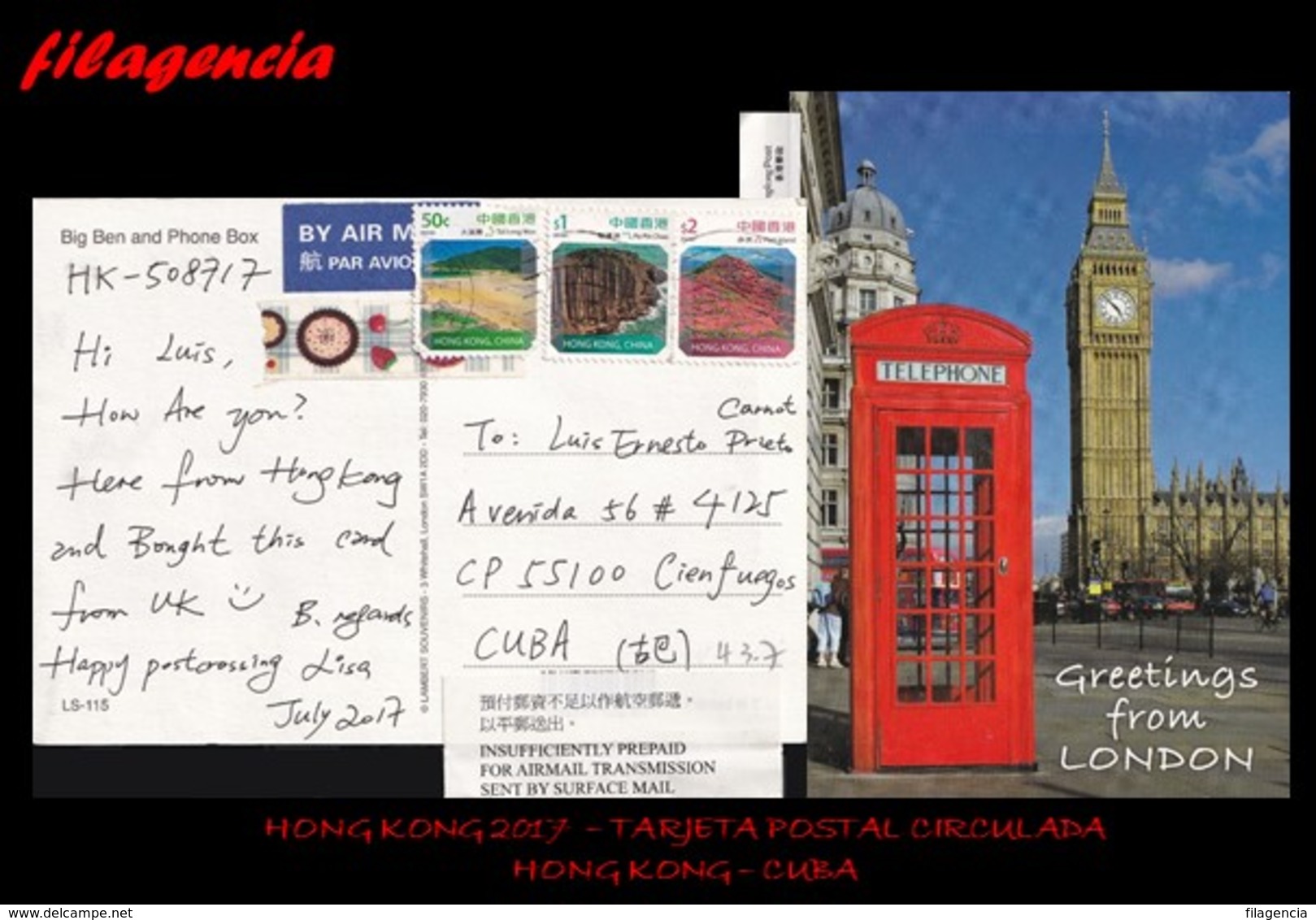 ASIA. HONG KONG. ENTEROS POSTALES. TARJETA POSTAL CIRCULADA 2017. HONG KONG-CUBA. PAISAJES. TELÉFONOS - Briefe U. Dokumente