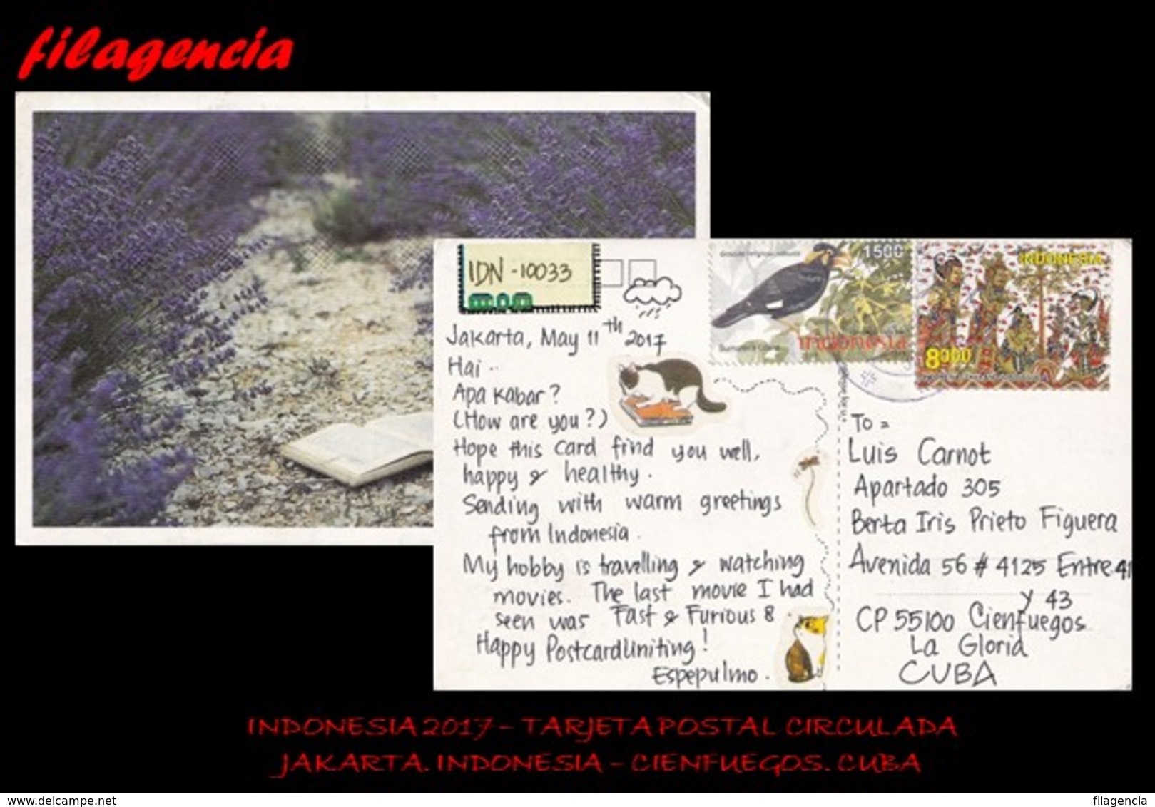 ASIA. INDONESIA. ENTEROS POSTALES. TARJETA POSTAL CIRCULADA 2017. JAKARTA. INDONESIA-CIENFUEGOS. CUBA. FOLKLORE. AVES - Indonesia