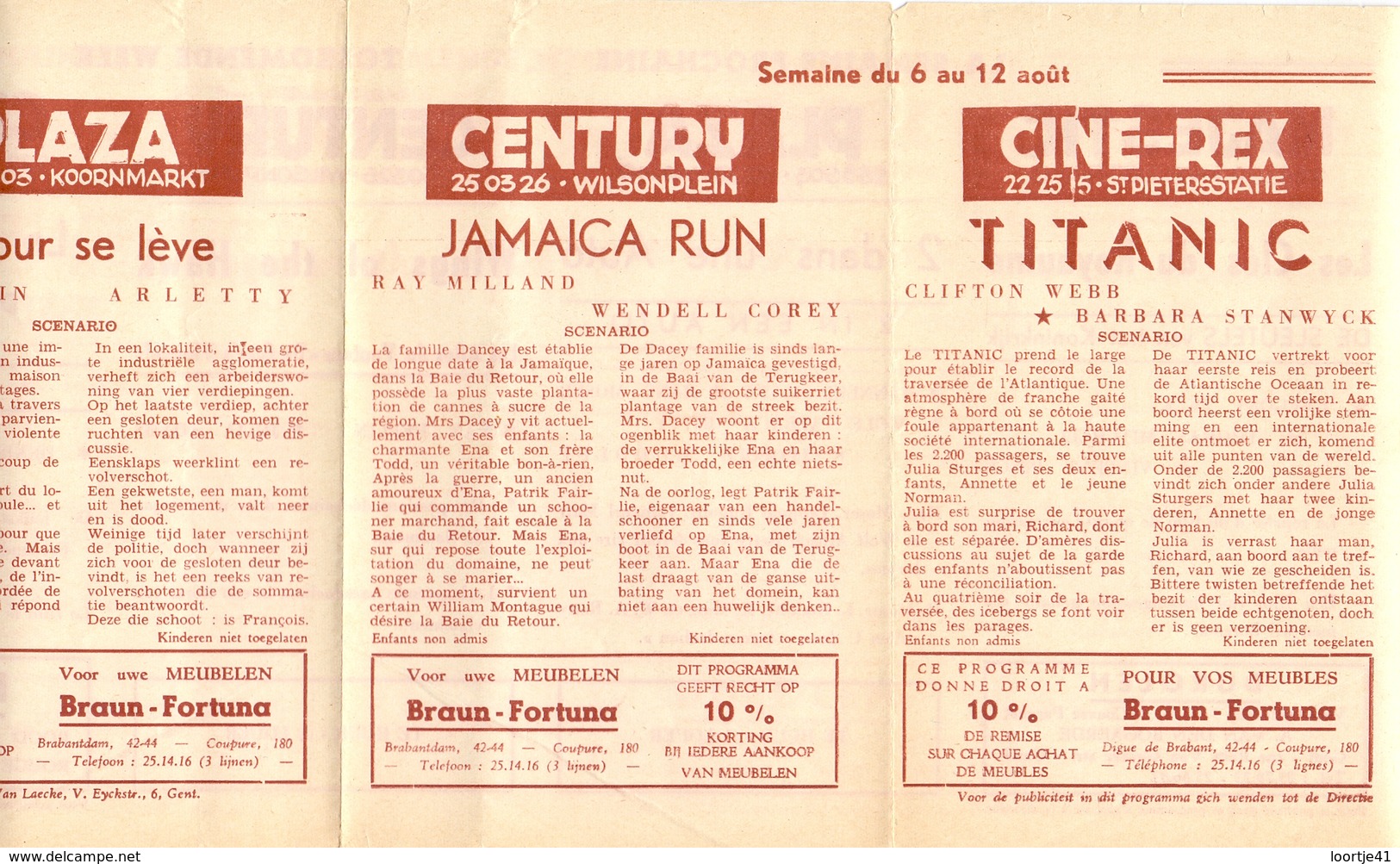 Pub Reclame Ciné Cinema Bioscoop - Programma Majestic Plaza Century Rex - Gent - 6 Aug 1953 - Titanic - Publicité Cinématographique