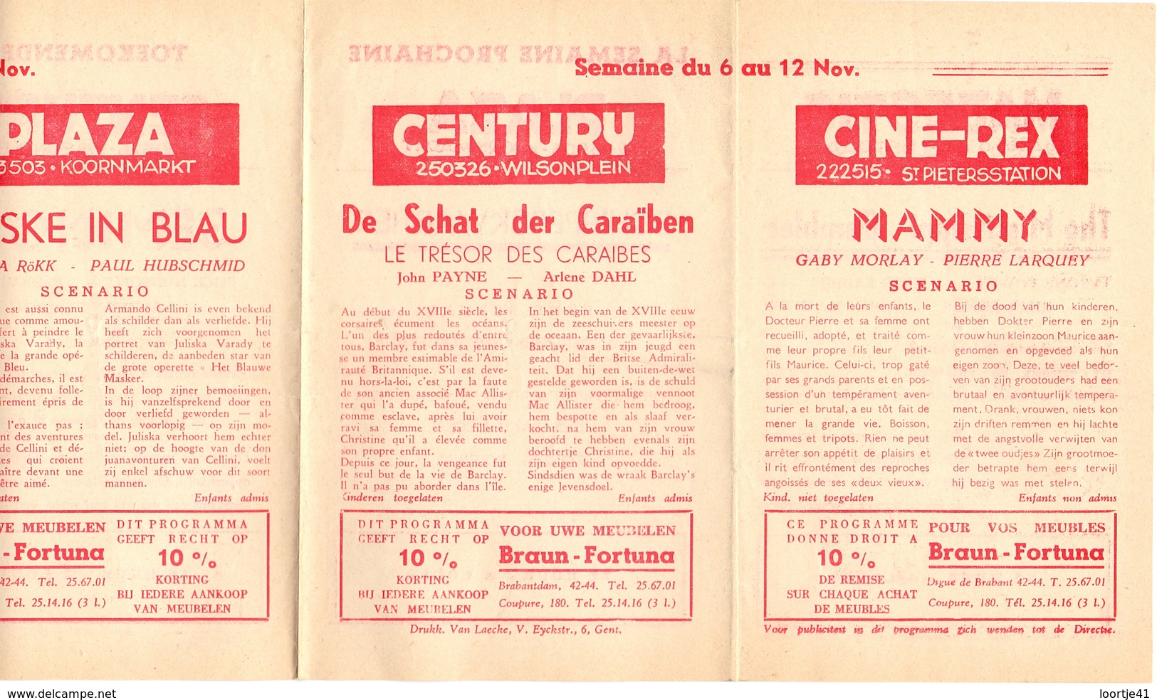 Pub Reclame Ciné Cinema Bioscoop - Programma Majestic Plaza Century Rex - Gent - 6 Nov  1952 - Publicité Cinématographique