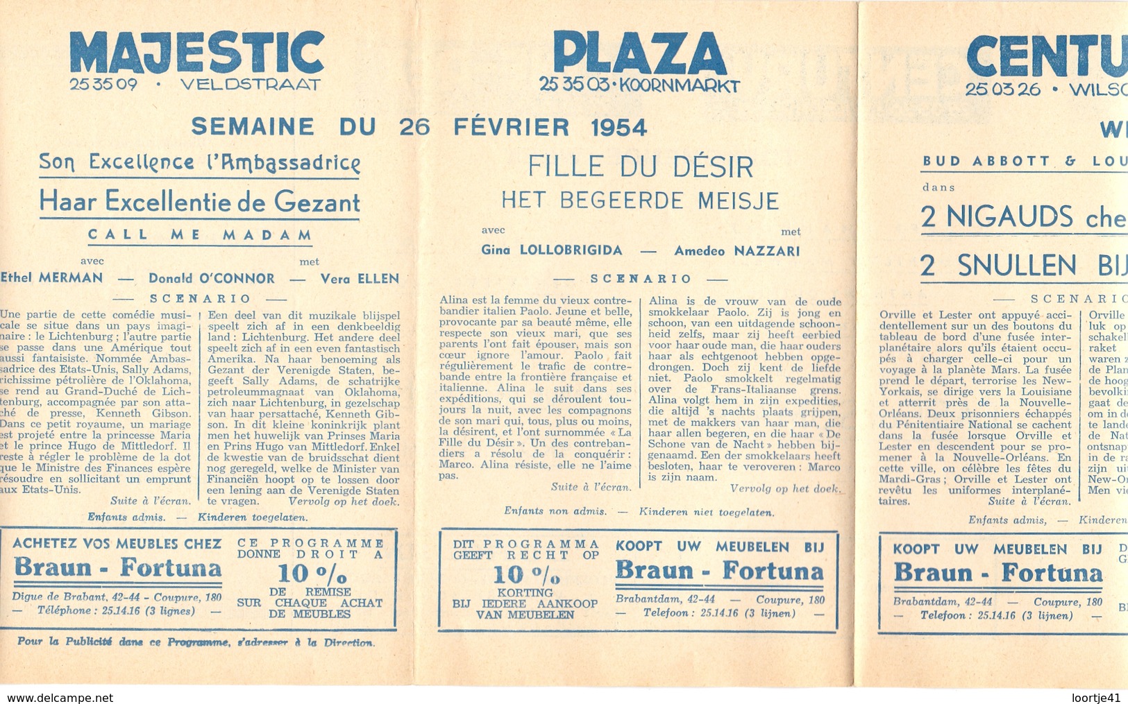 Pub Reclame Ciné Cinema Bioscoop - Programma Majestic Plaza Century Rex - Gent - 26 Februari 1954 - Bioscoopreclame