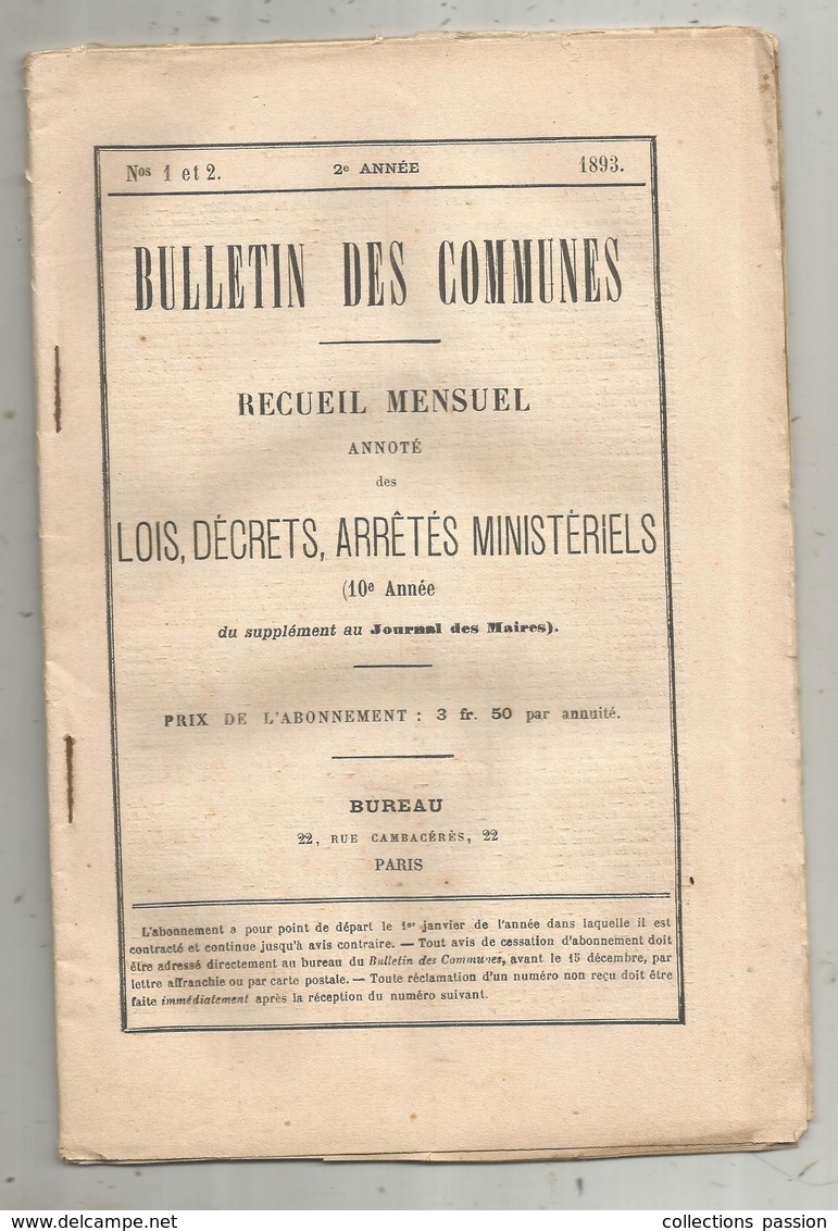 Double Bulletin Des Communes,1 & 2,recueil Mensuel  Des Lois, Décrets,arrêtés Ministériels,1893,2 Scans,frais Fr 3.15 E - Decretos & Leyes
