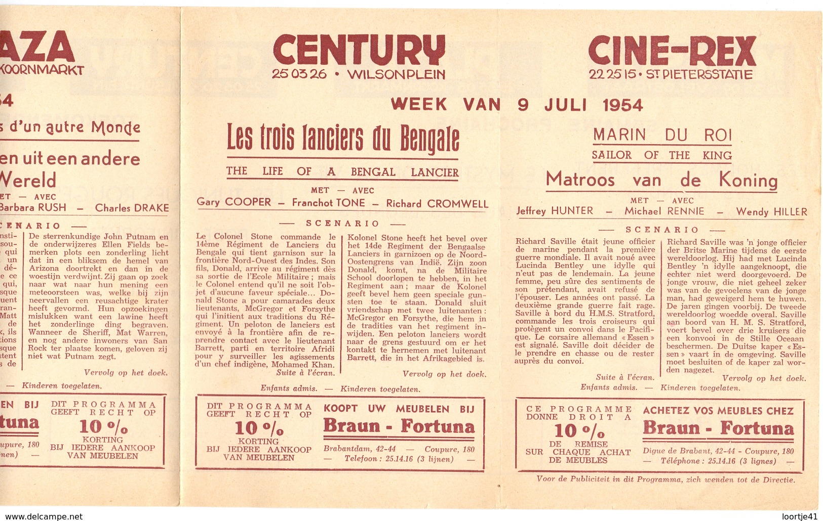 Pub Reclame Ciné Cinema Bioscoop - Programma Majestic Plaza Century Rex - Gent - 9 Juli 1954 - Publicité Cinématographique