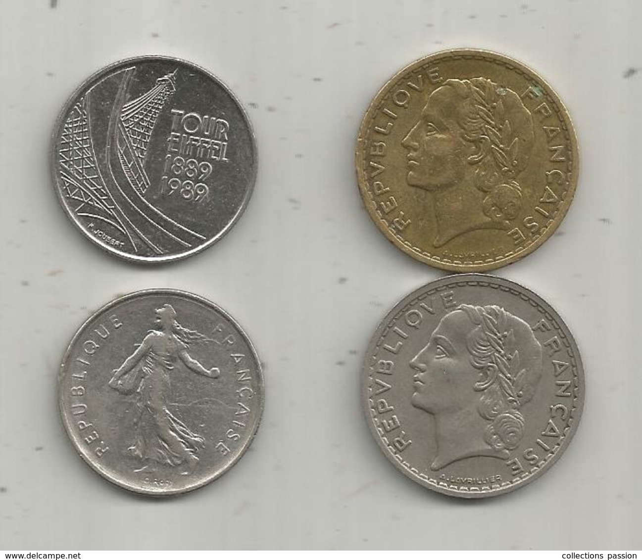 FRANCE , Monnaie, 5 Francs 1935 , 1940 ,1970 , Tour Eiffel 1989 ,  2 Scans , LOT DE 4 MONNAIES - Vrac - Monnaies