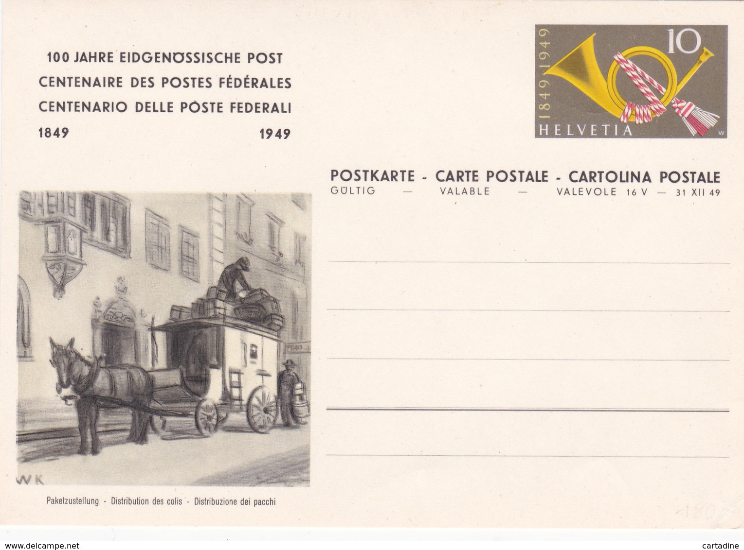 Entier Postal Stationery - Suisse/Switzerland - Centenaire Des Postes Fédérales - Distribution Des Colis - 1949 - ETAT - Entiers Postaux