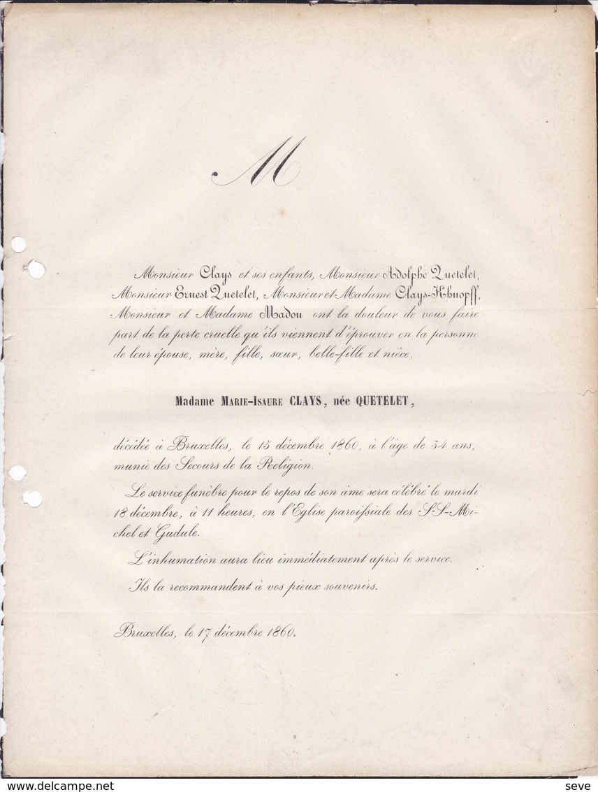 BRUXELLES Marie-Isaure CLAYS, Née QUETELET 34 Ans En 1860 Famille MADOU Faire-part Décès - Décès