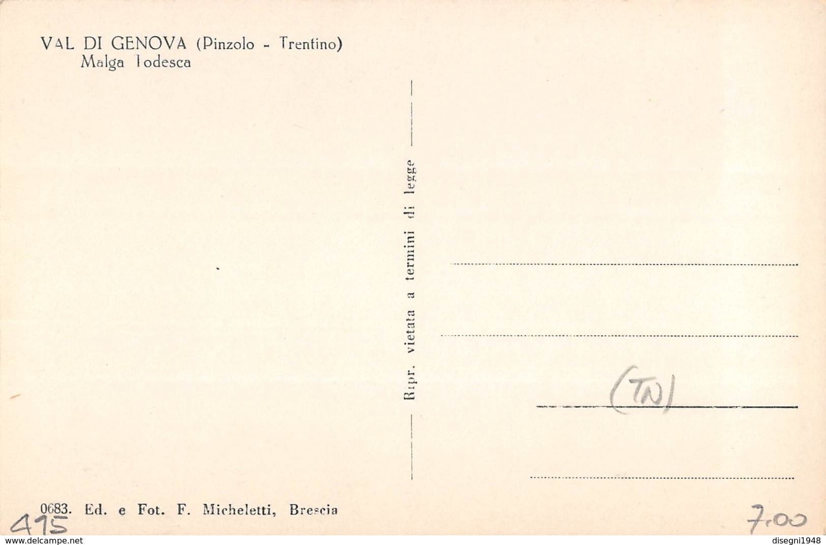 M08556 "VAL DI GENOVA (PINZOLO-TRENTINO) MALGA TODESCA" CART. ORIG. NON SPED. - Trento