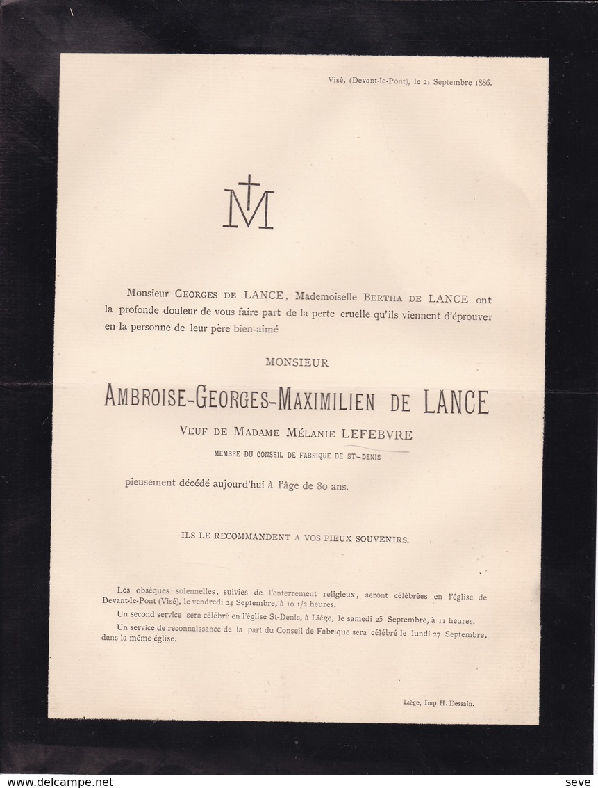 HERMALLE DEVANT-LE-PONT Ambroise De LANCE 80 Ans 1886 Veuf LEFEBVRE Visé - Décès