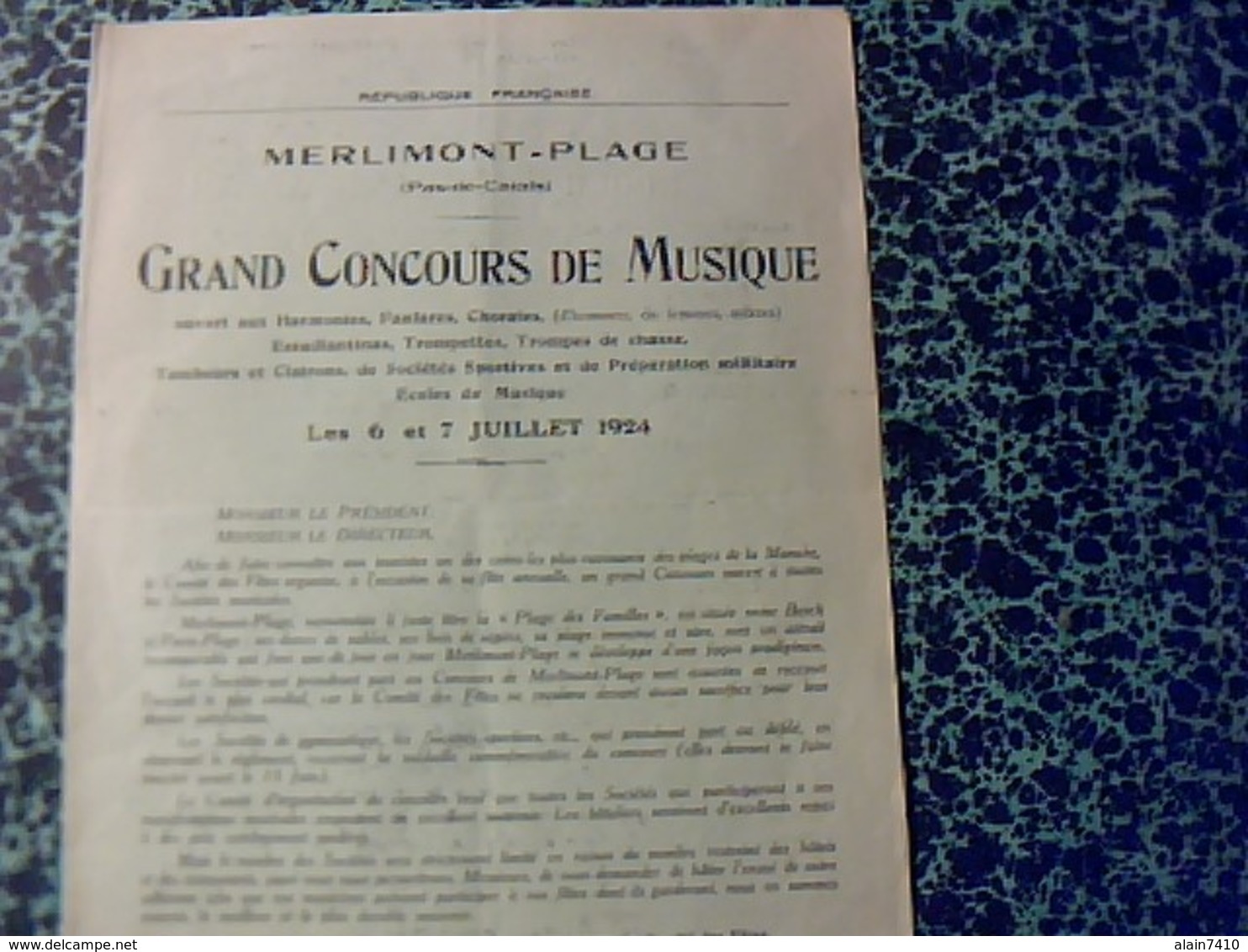 Vieux Papier Merlimont Plage Pas De Calais Grand Concoursde Musique Règlement Année 1924 //2 Pages - Sin Clasificación