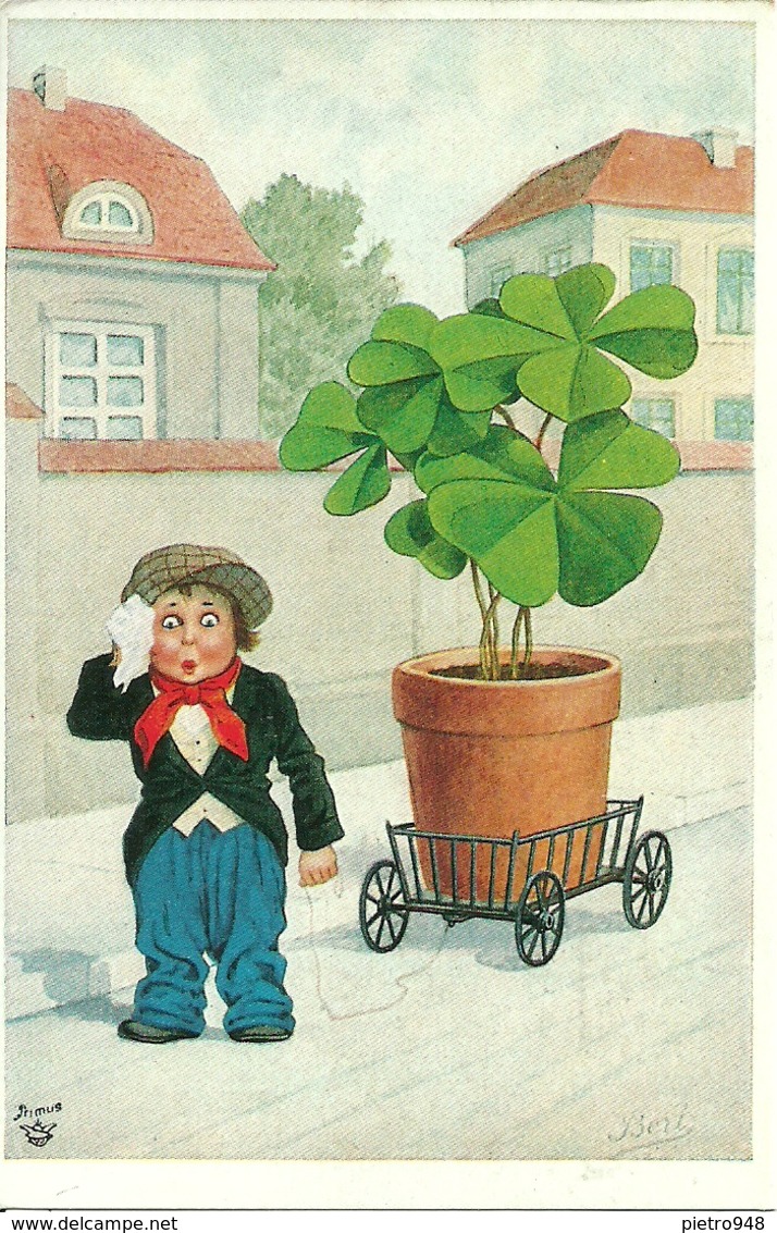 Bambino Che Traina Vaso Di Quadrifogli, Riproduzione Da Orig., Reproduction, Illustrazione, (F42) - Humor