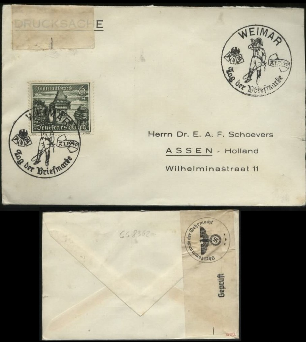 WW II Briefumschlag :gebraucht Mit Sonderstempel Tag Der Briefmarke Weimar - Assen Holland Mit OKW Zensurstreifen 1940 - Briefe U. Dokumente