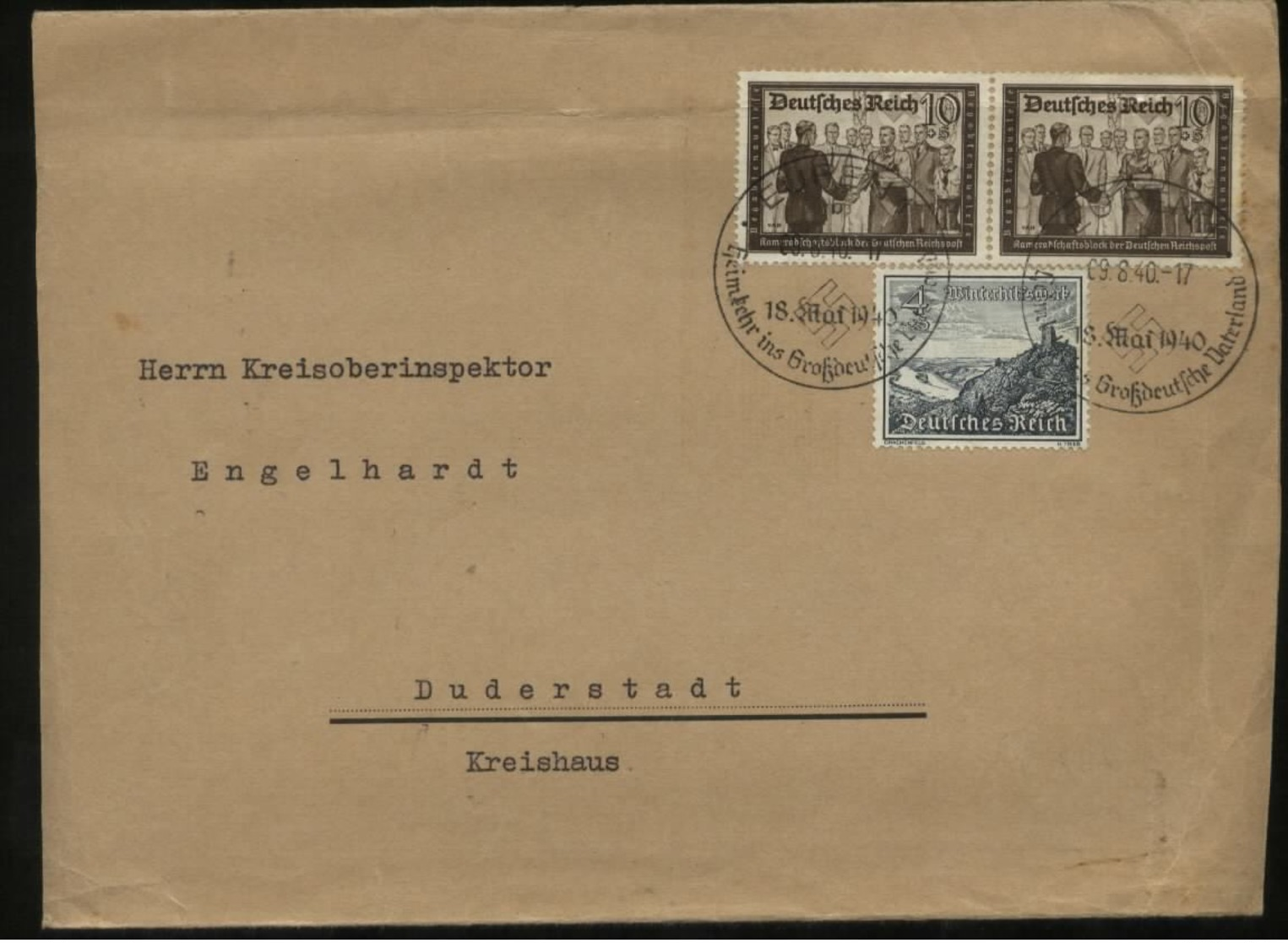 WW II Briefumschlag: Gebraucht Mit 10 Pfg MiF Postkameradschaft I Sonderbriefmarke Und Sonderstempel Eupen - Duderstad - Briefe U. Dokumente