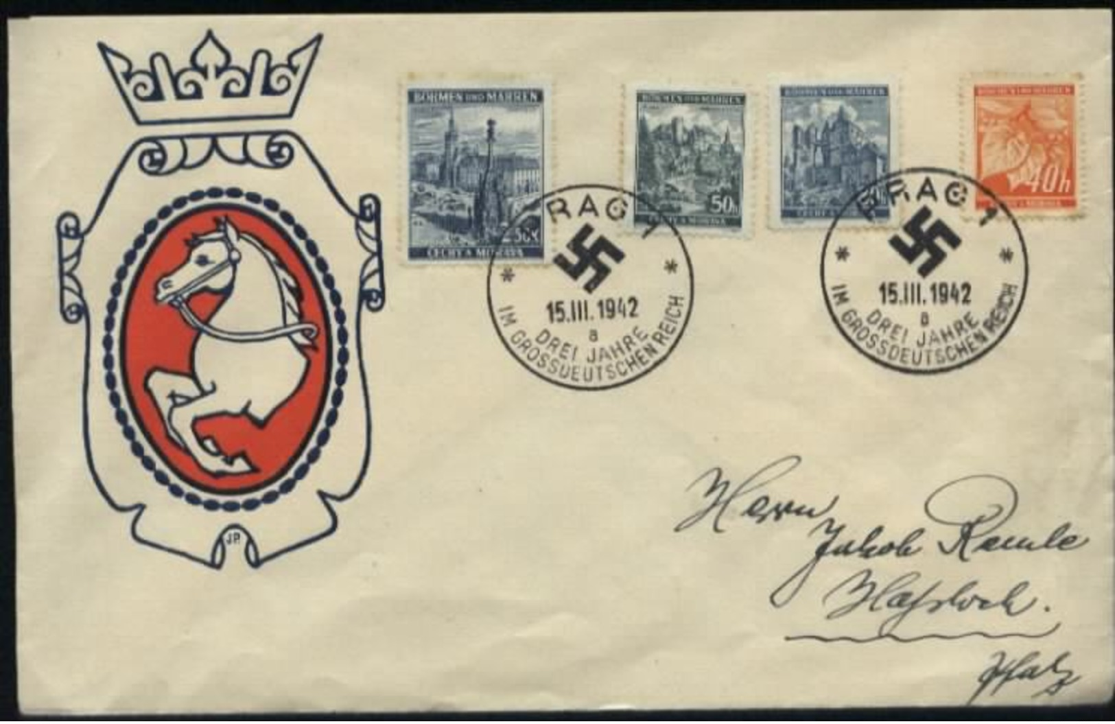 WW II Böhmen Und Mähren Sonder Briefumschlag: Gebraucht Mit Böhmen Und Mähren Briefmarken Und Sonderstempel Prag - Haß - Briefe U. Dokumente