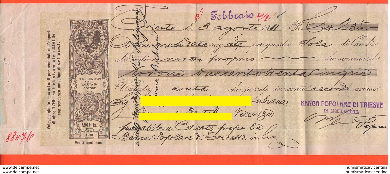 Trieste Cambiale Da 235 Corone 1912 Banca Popolare Di Trieste Bill Of Exchange Promissory Cambiali Change Titres - Cambiali