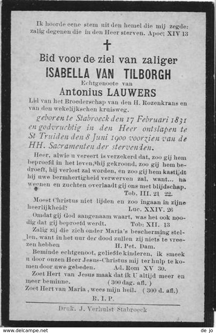 VAN TILBORGH Isabella °1831 Stabroek +1900 Sint-Truiden Echt Lauwers Doodsprentje Image Mortuaire Funeral Card - Religion & Esotérisme