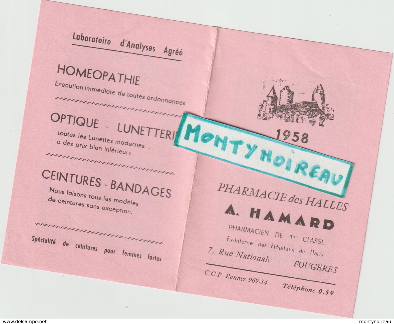 Vieux  Papier  : Ille  Et  Vilaine ,  Calendrier , FOUGERES , Pharmacie  1958 - Petit Format : 1941-60