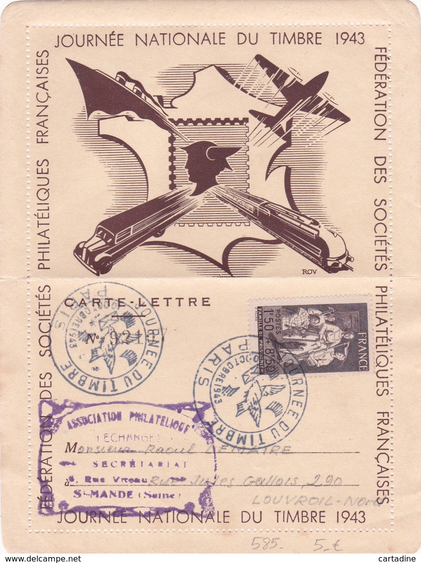 FRANCE - Journée Nationale Du Timbre 1943 - Carte-Lettre - Paris - Timbre N° 585 - Tag Der Briefmarke