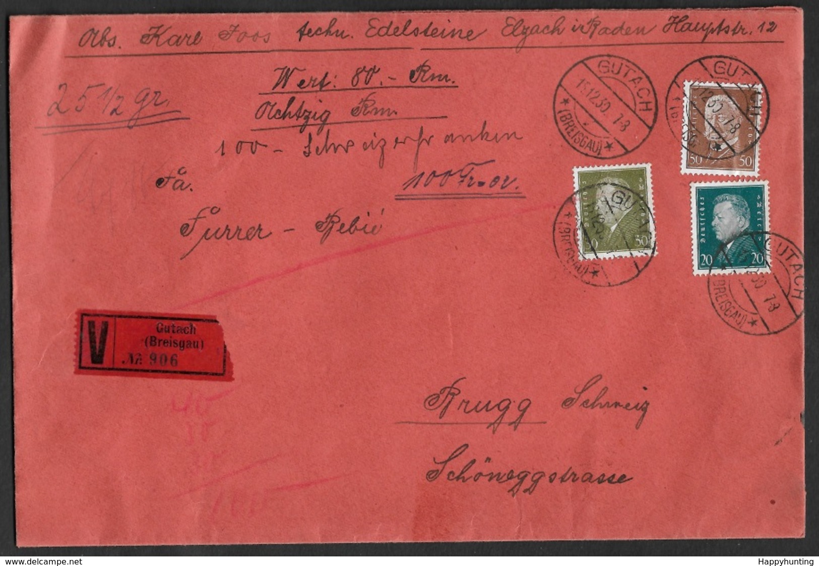 1930 Dt.Reich - 80 Rm WERTBRIEF FREIBURG Nach BRUGG, SCHWEIZ - Portokontroll Stpl - Mi. 415,417,420 - Briefe U. Dokumente