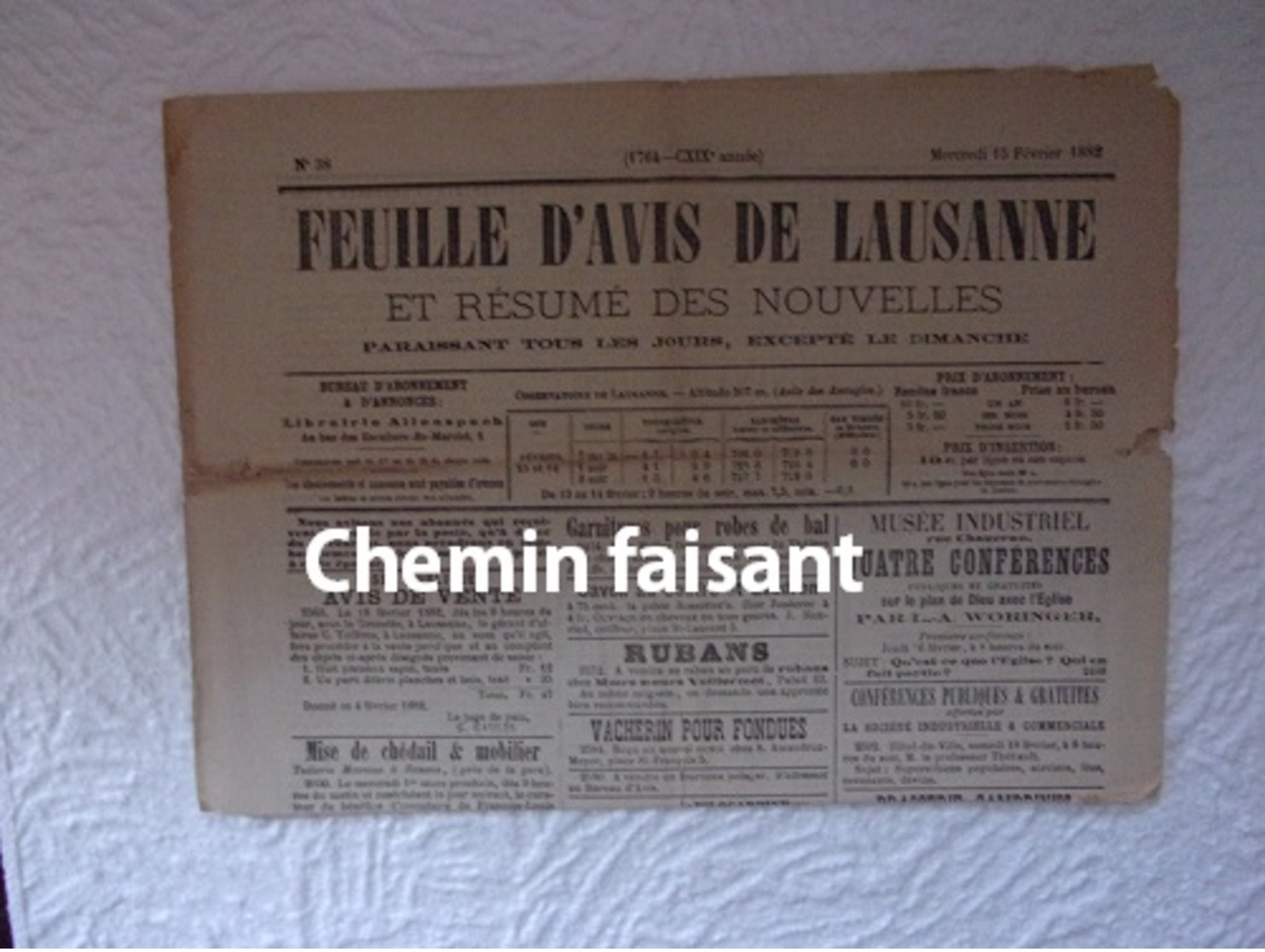 Journal Du 15/02/1882 N°38 FEUILLE D'AVIS DE LAUSANNE - 1850 - 1899