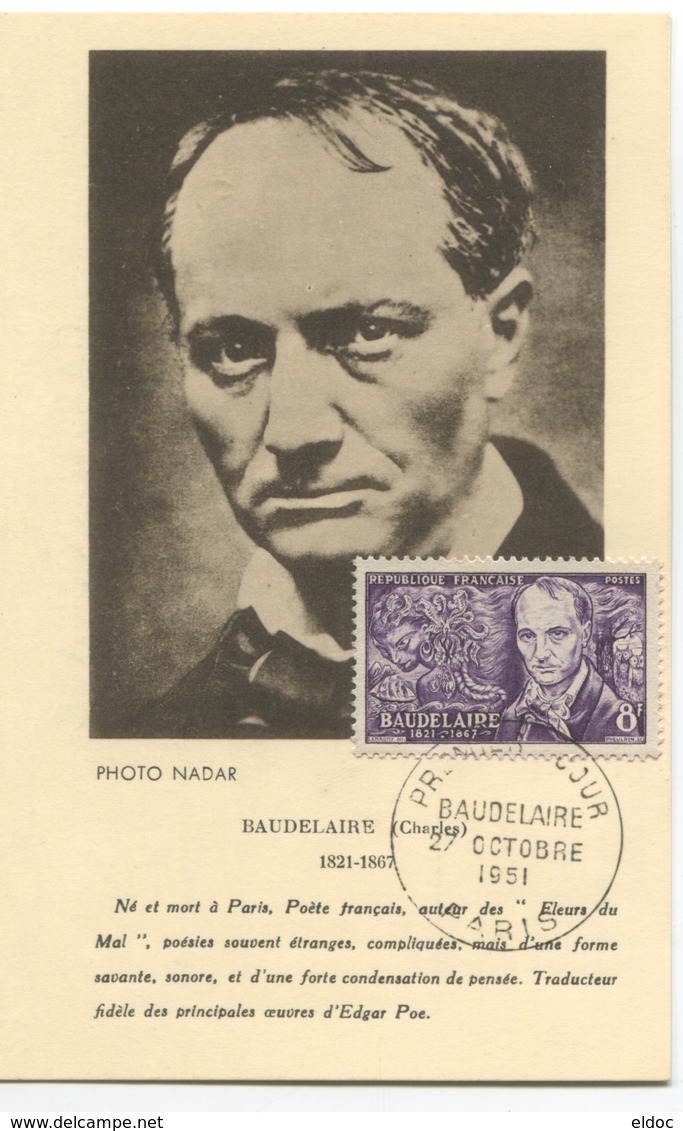 BAUDELAIRE  (Yvert N° 908) Carte Maximum. Oblitération  1er Jour PARIS /  1951 - 1960-1969